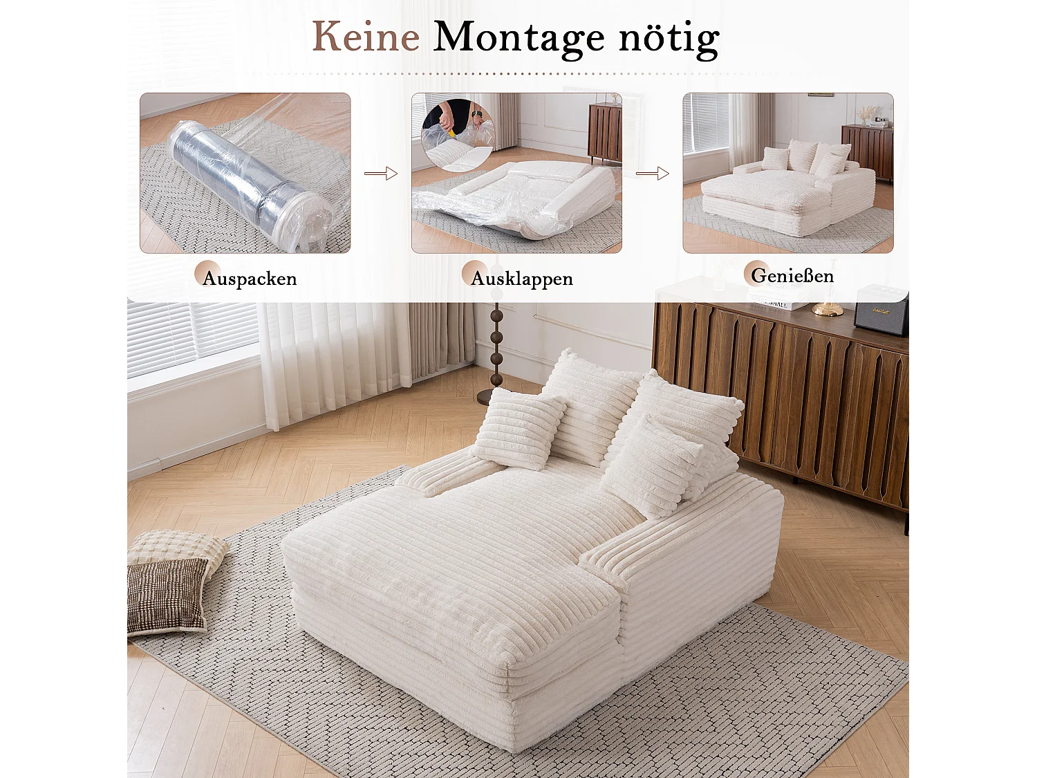 Chaise longue in velluto a coste beige, 135 x 165 cm, con 4 cuscini, non richiede montaggio