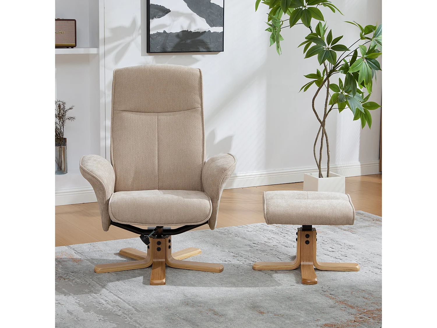 Fauteuil relax pivotant taupe en chenille avec repose-pieds - Dossier réglable 145°