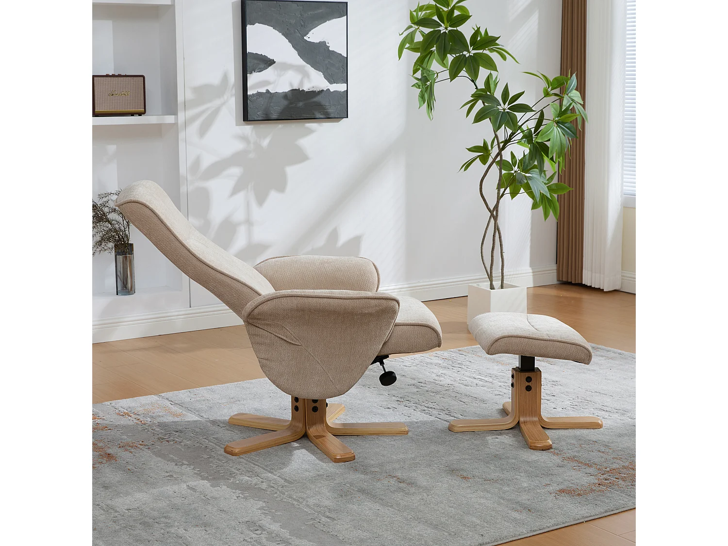 Fauteuil relax pivotant taupe en chenille avec repose-pieds - Dossier réglable 145°