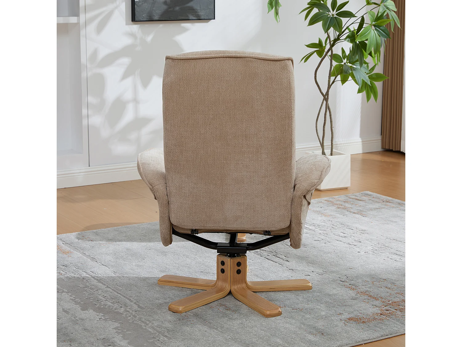 Fauteuil relax pivotant taupe en chenille avec repose-pieds - Dossier réglable 145°