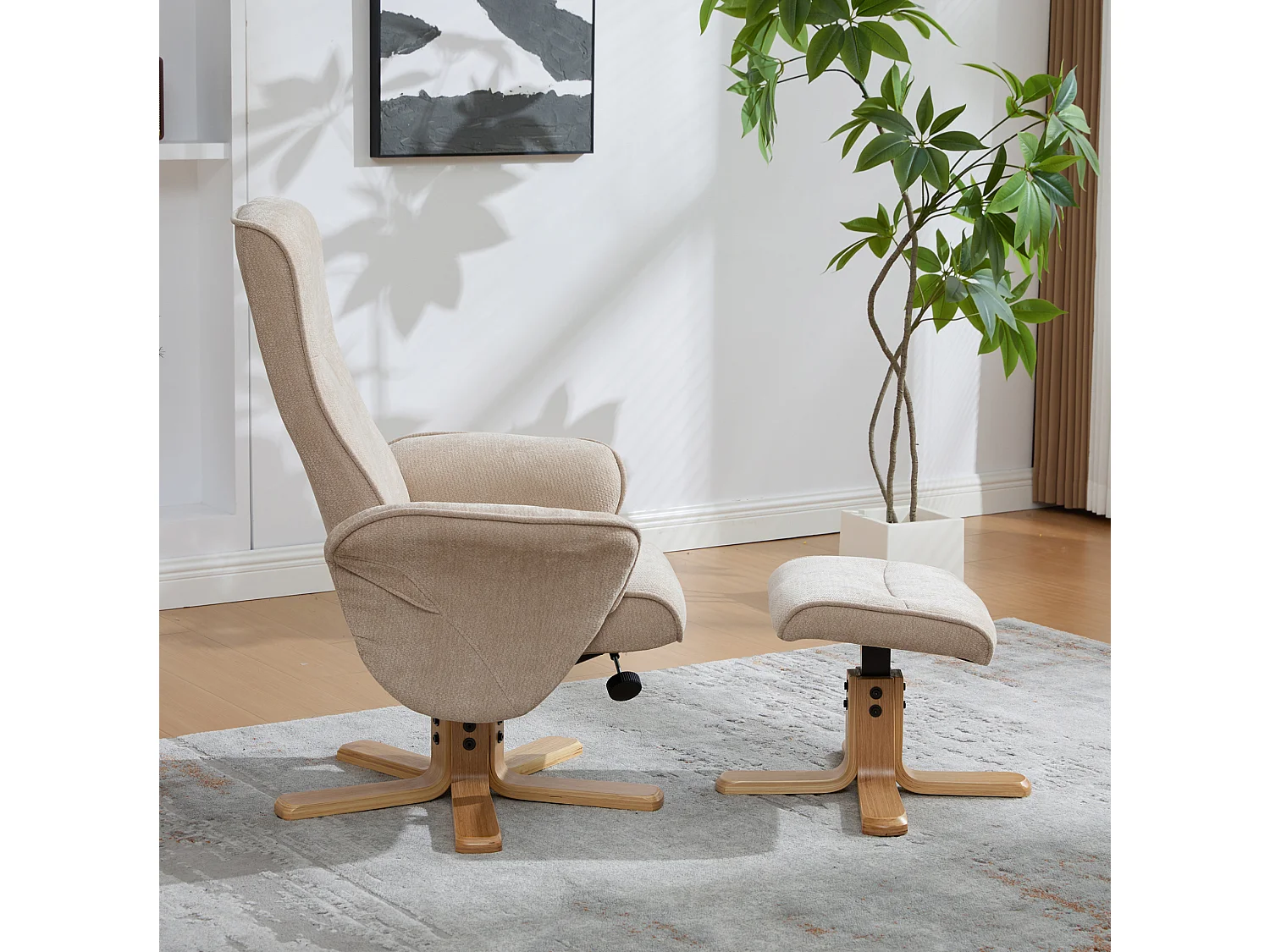 Fauteuil relax pivotant taupe en chenille avec repose-pieds - Dossier réglable 145°
