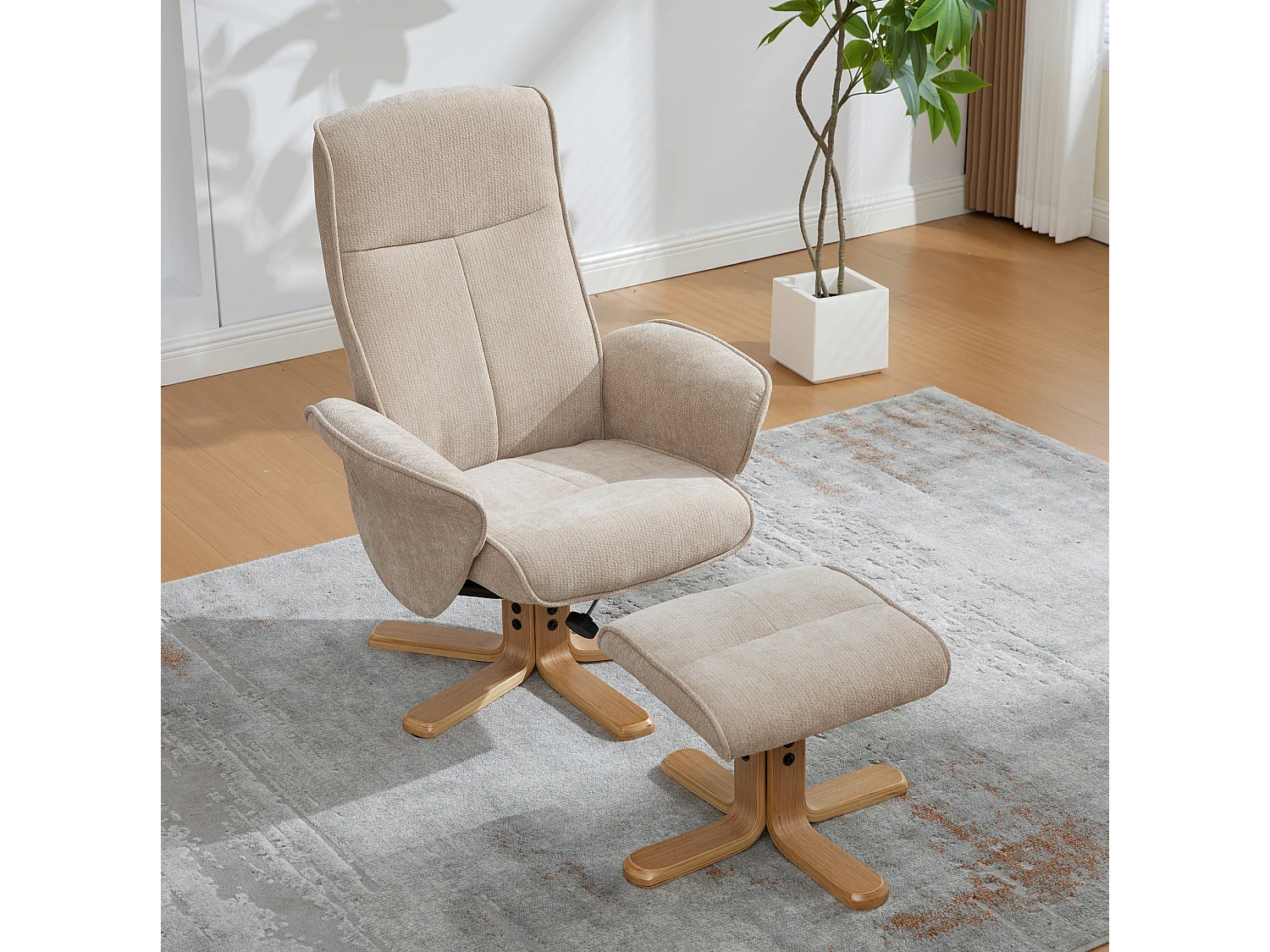 Fauteuil relax pivotant taupe en chenille avec repose-pieds - Dossier réglable 145°