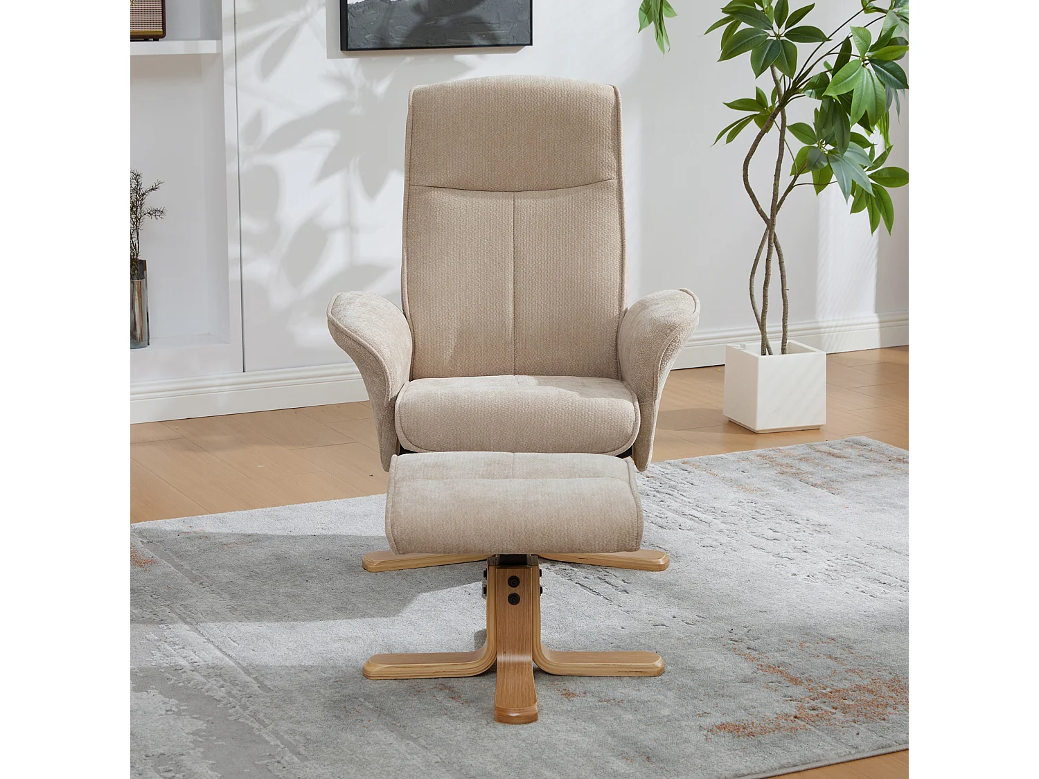 Fauteuil relax pivotant taupe en chenille avec repose-pieds - Dossier réglable 145°