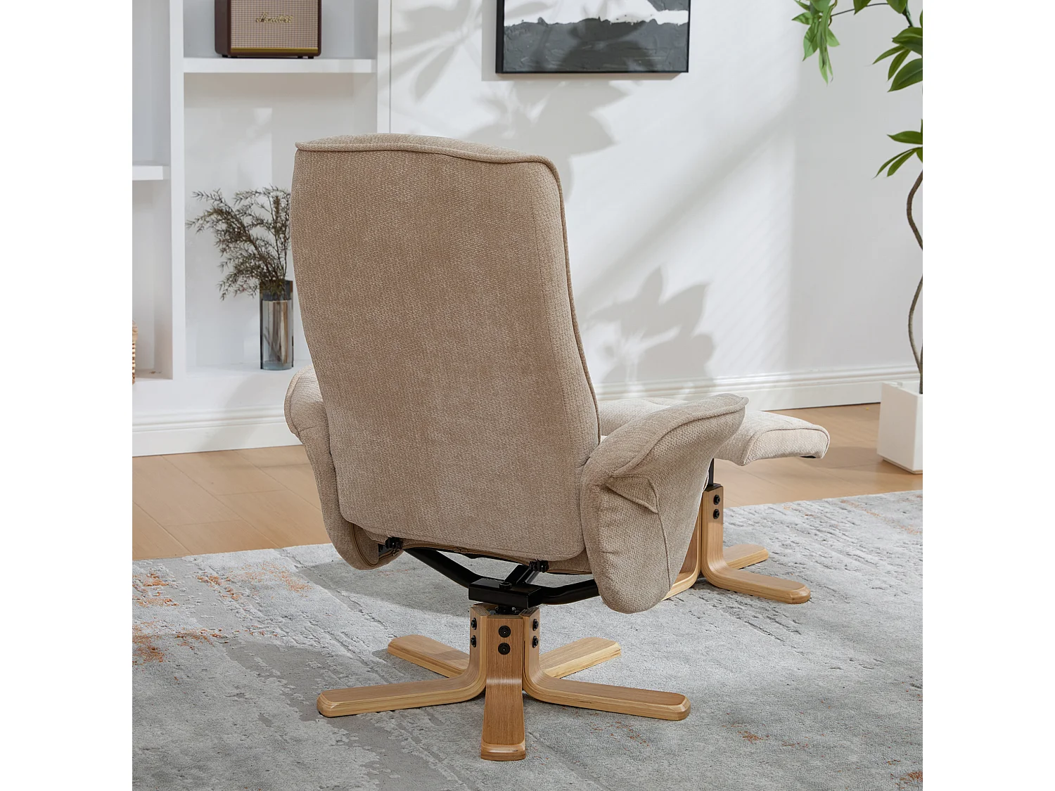 Fauteuil relax pivotant taupe en chenille avec repose-pieds - Dossier réglable 145°