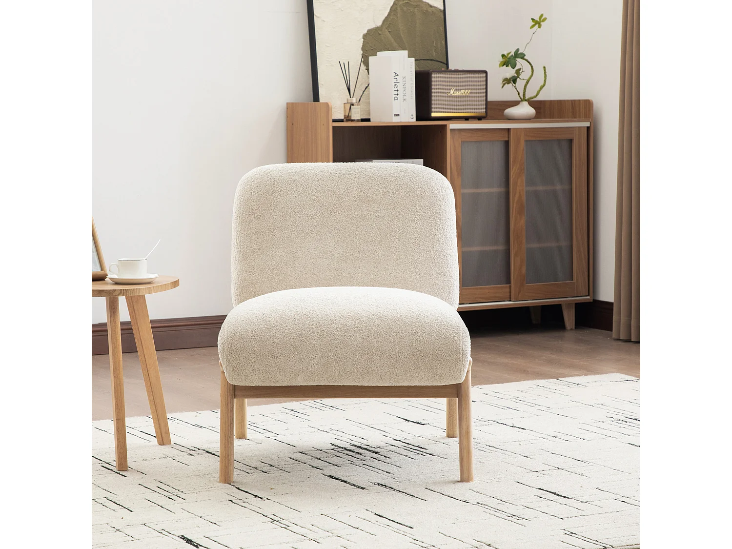 Fauteuil 74x61.5x76 cm en chenille beige avec pieds en bois - Sans accoudoir