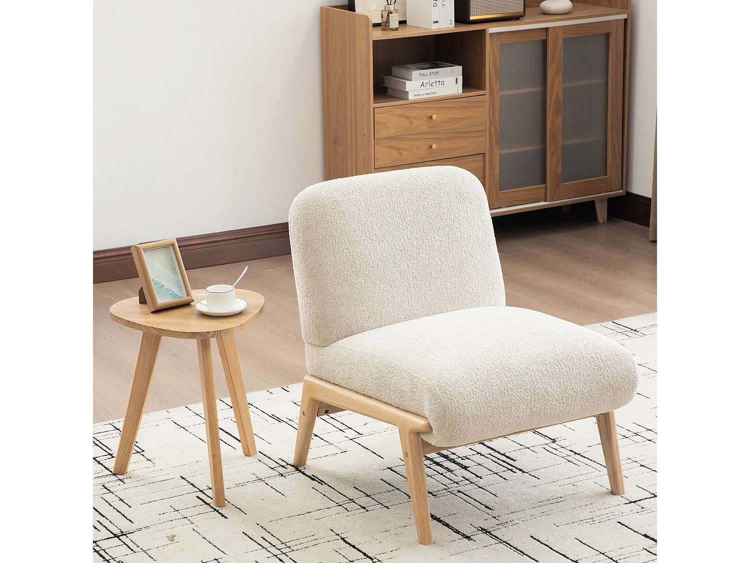 Fauteuil 74x61.5x76 cm en chenille beige avec pieds en bois - Sans accoudoir