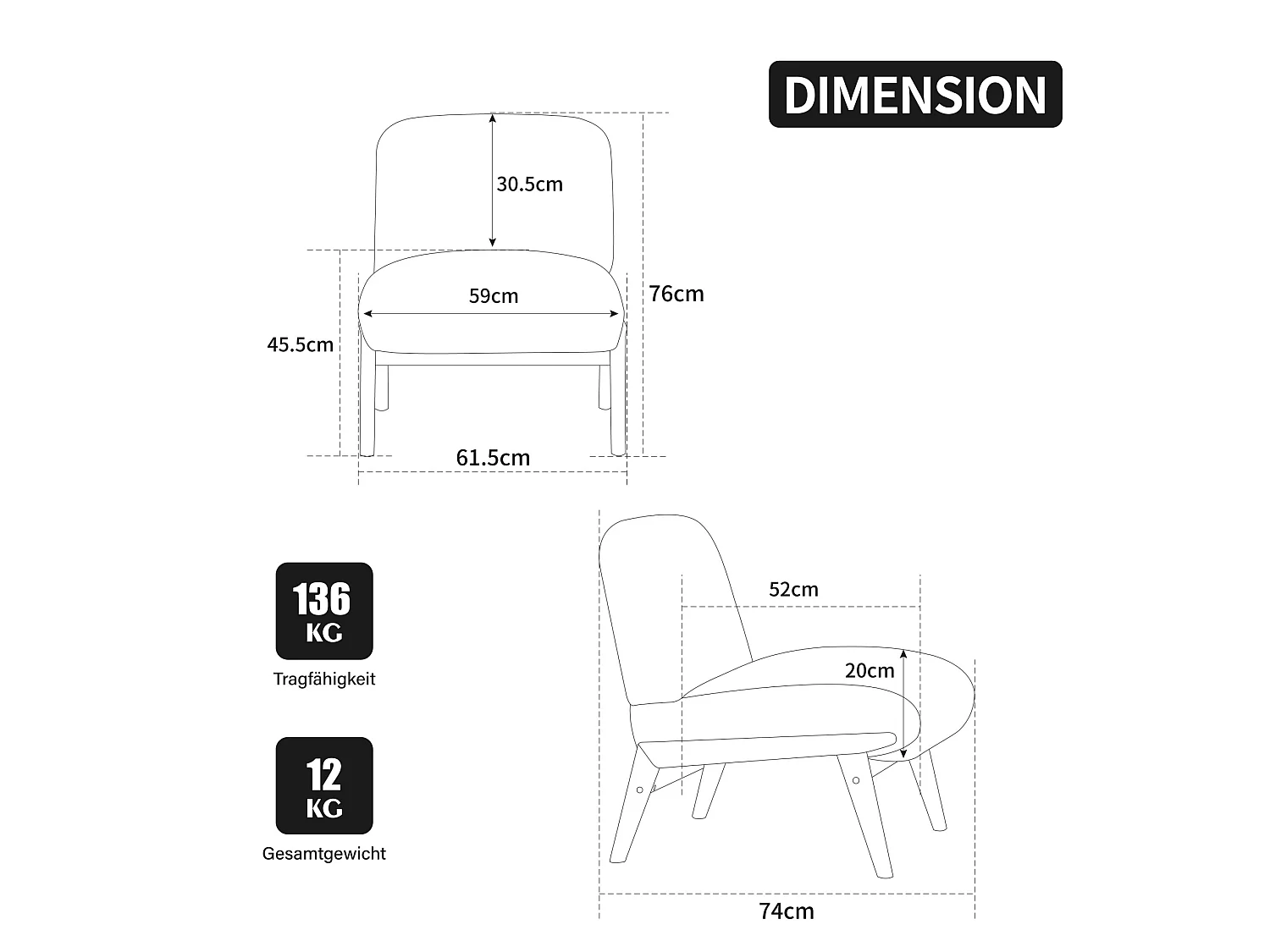 Fauteuil 74x61.5x76 cm en chenille beige avec pieds en bois - Sans accoudoir