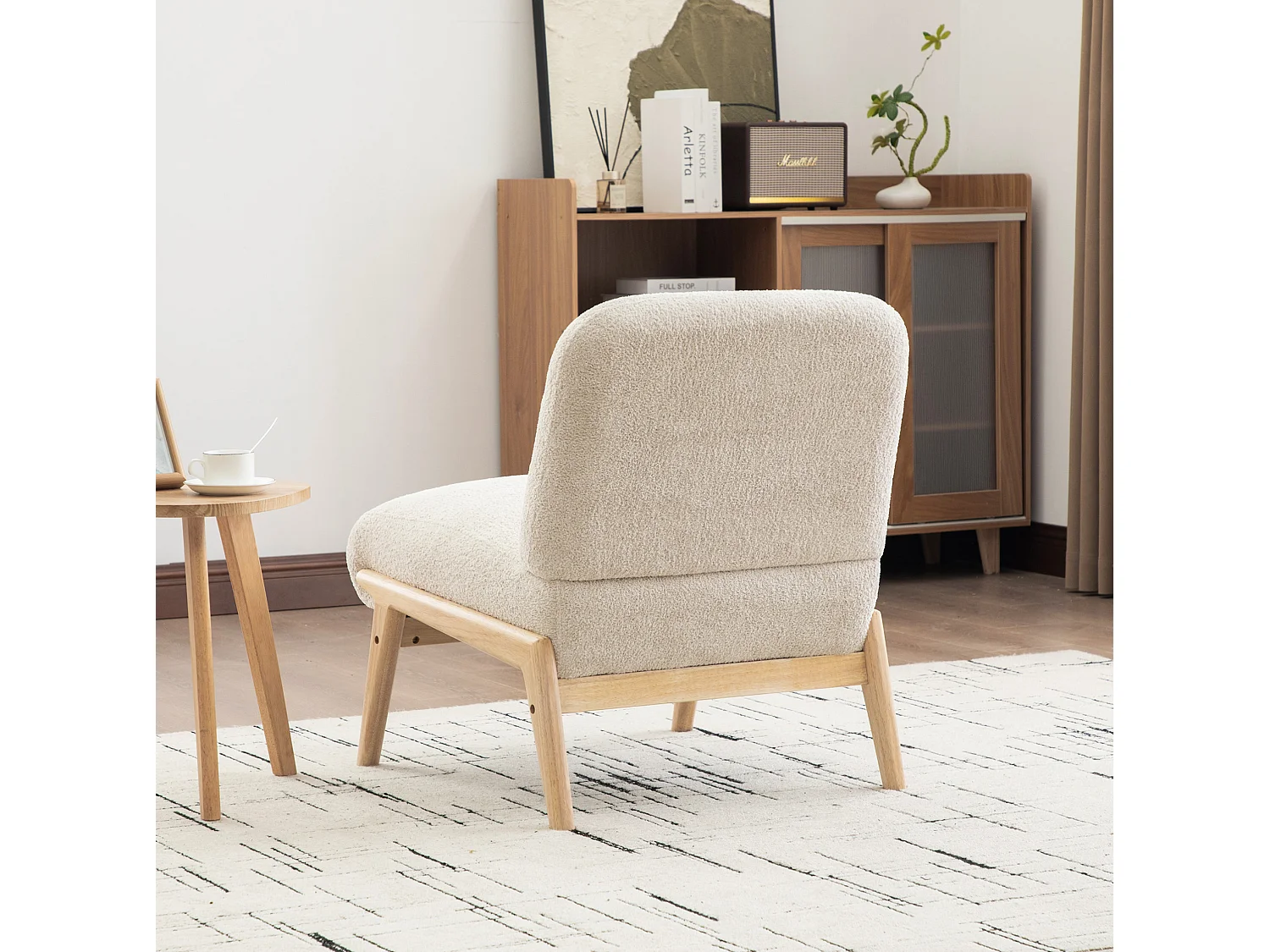 Fauteuil 74x61.5x76 cm en chenille beige avec pieds en bois - Sans accoudoir