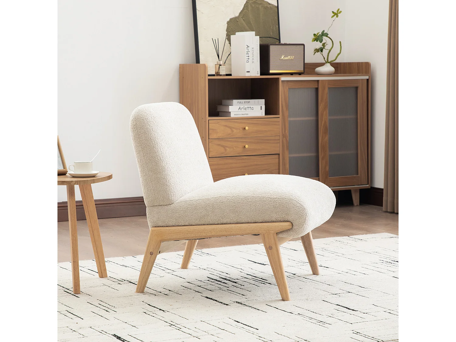 Fauteuil 74x61.5x76 cm en chenille beige avec pieds en bois - Sans accoudoir
