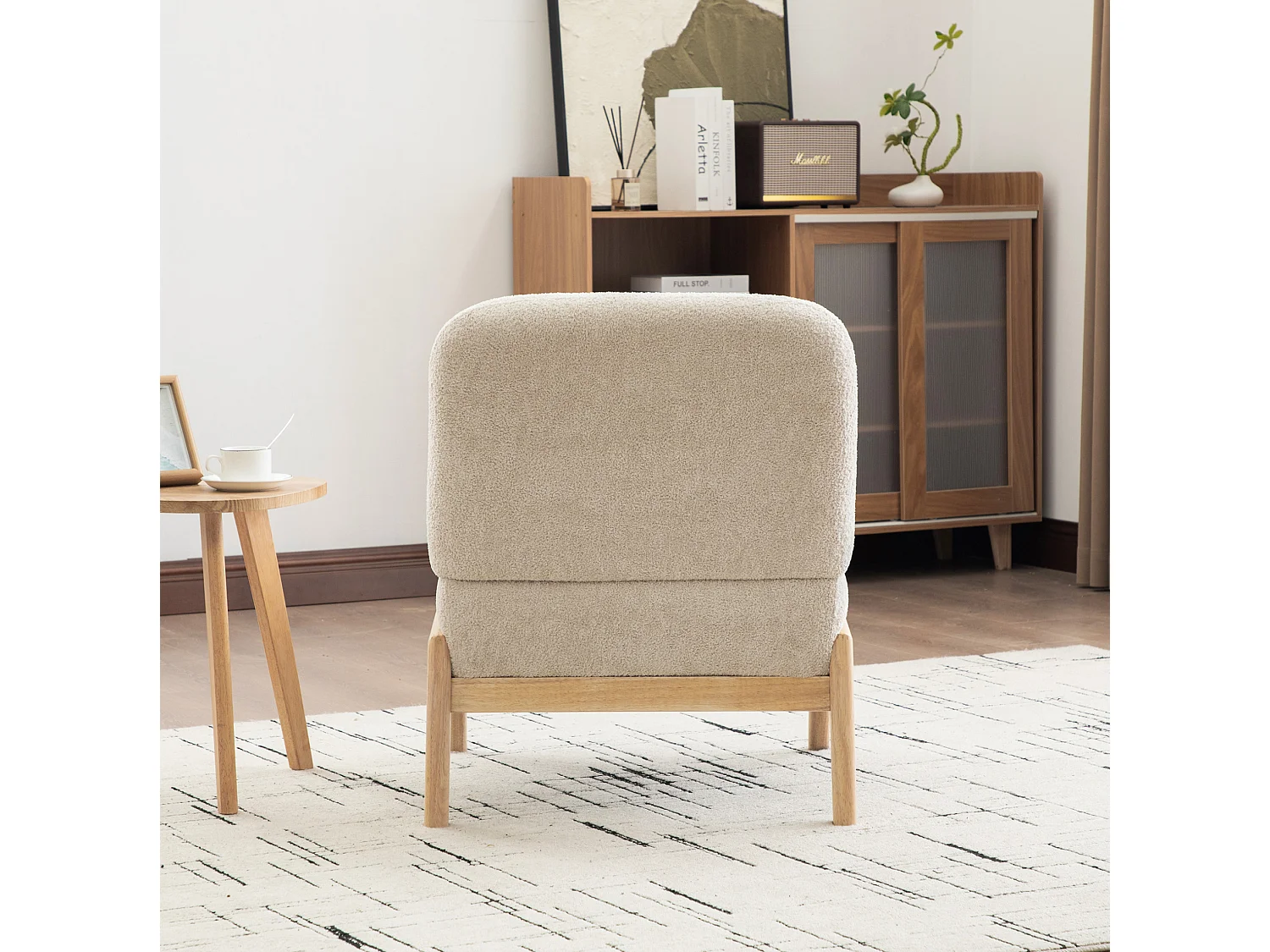 Fauteuil 74x61.5x76 cm en chenille beige avec pieds en bois - Sans accoudoir