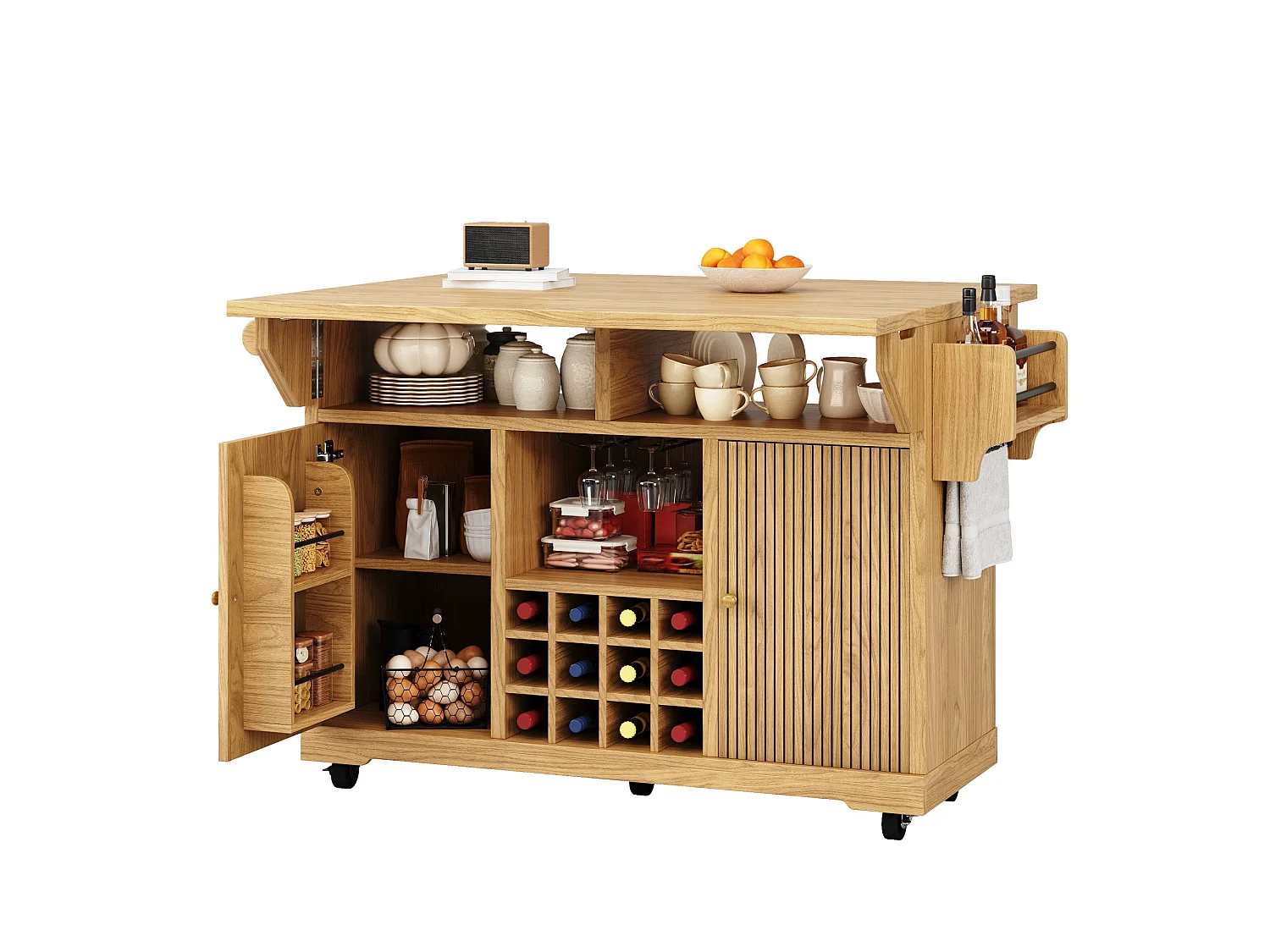 Isola da cucina pieghevole su ruote con 2 ante e portabottiglie - Colore legno