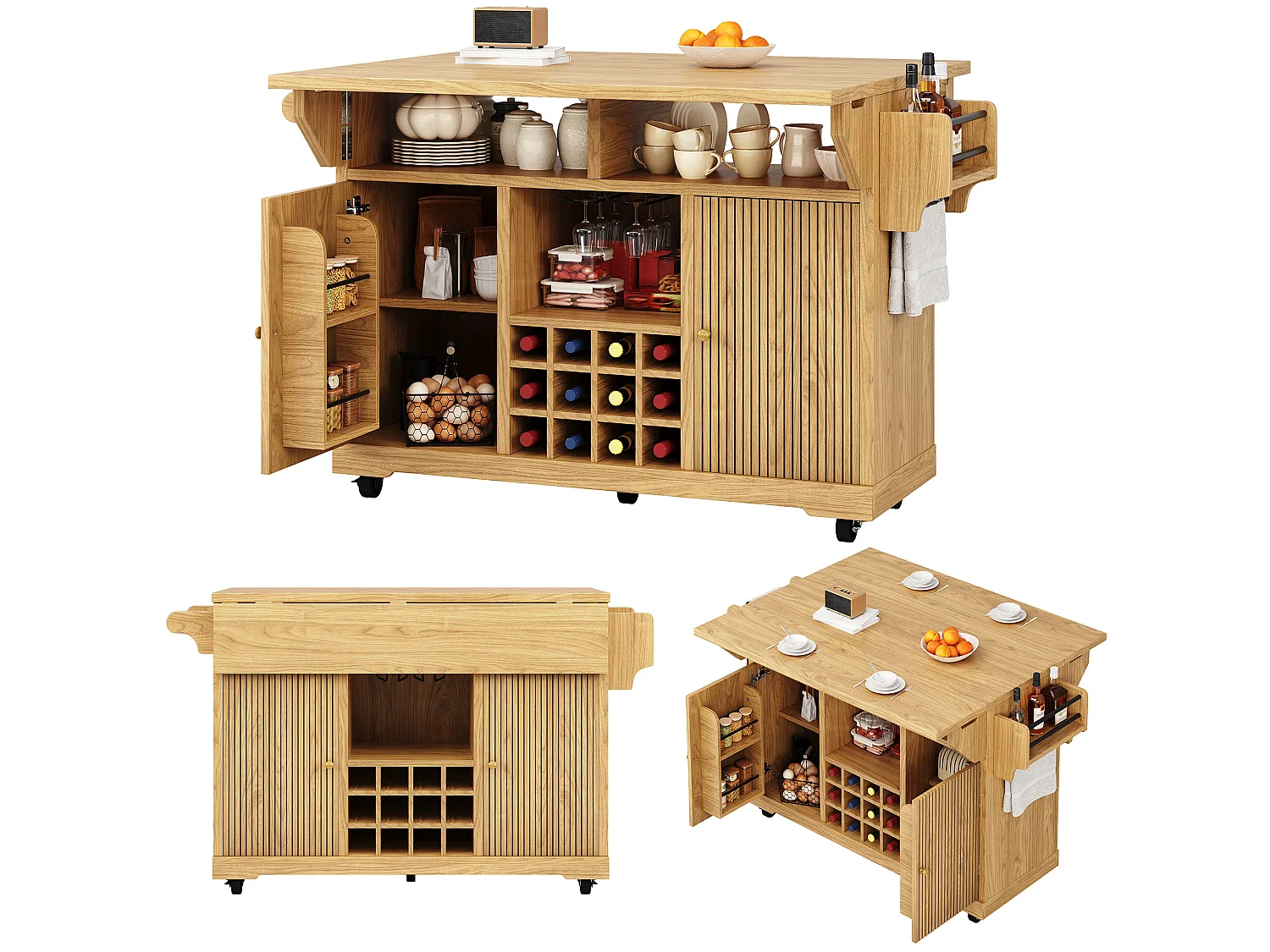 Isola da cucina pieghevole su ruote con 2 ante e portabottiglie - Colore legno
