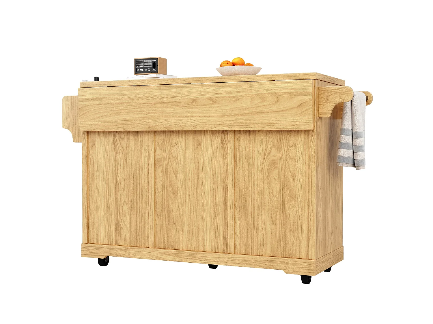 Isola da cucina pieghevole su ruote con 2 ante e portabottiglie - Colore legno