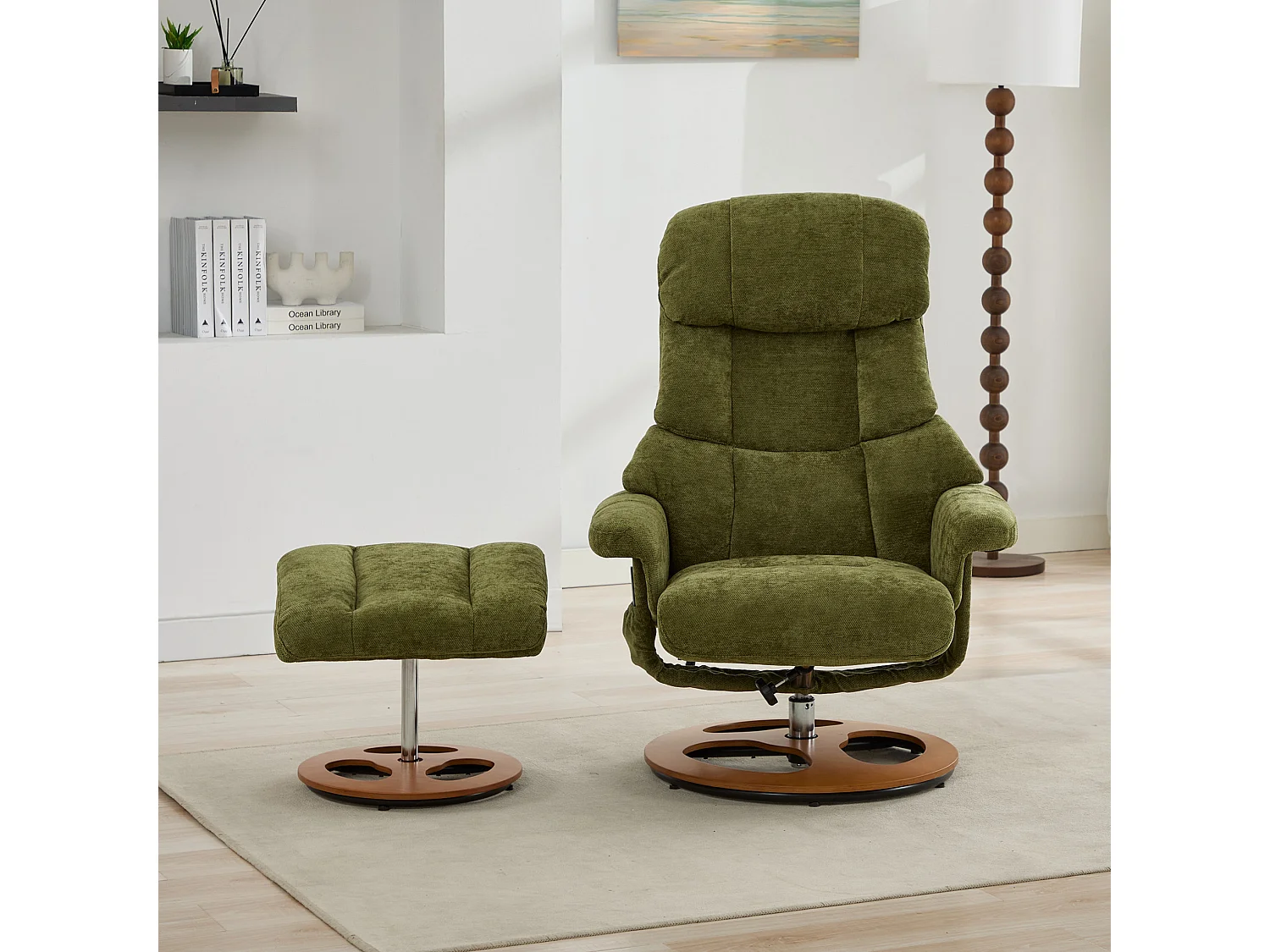 Sillón reclinable giratorio de tela con calefacción, masaje y reposapiés - Verde