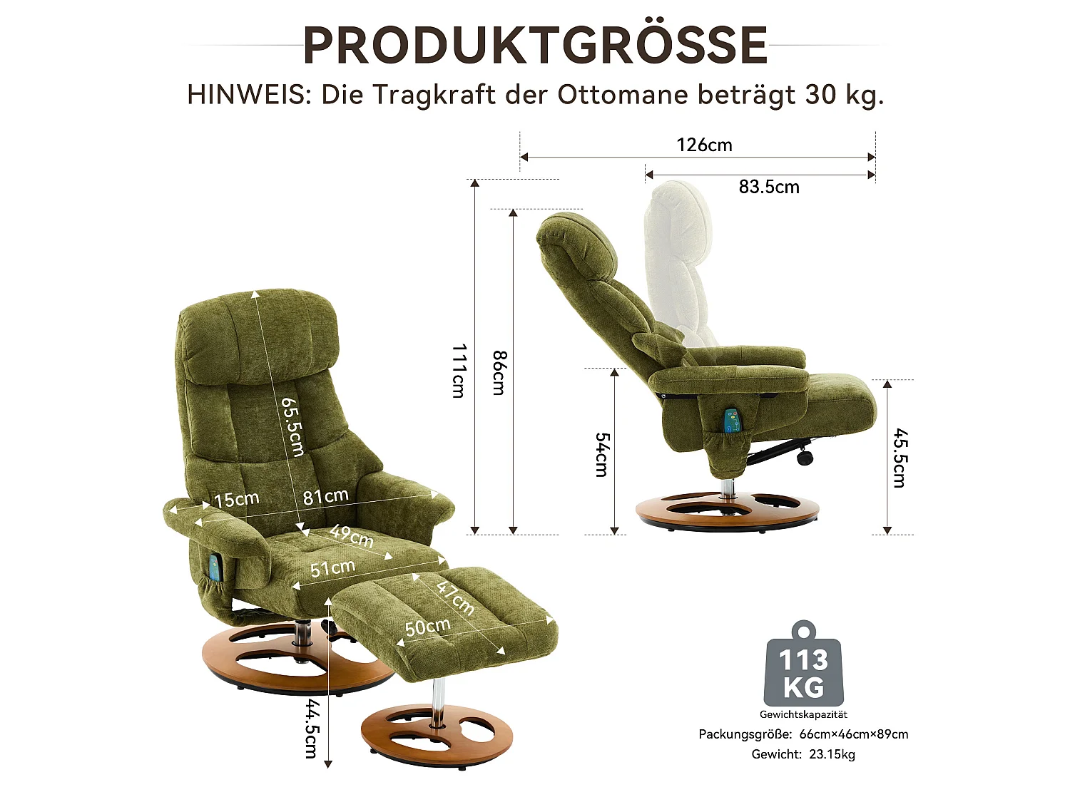 Sillón reclinable giratorio de tela con calefacción, masaje y reposapiés - Verde