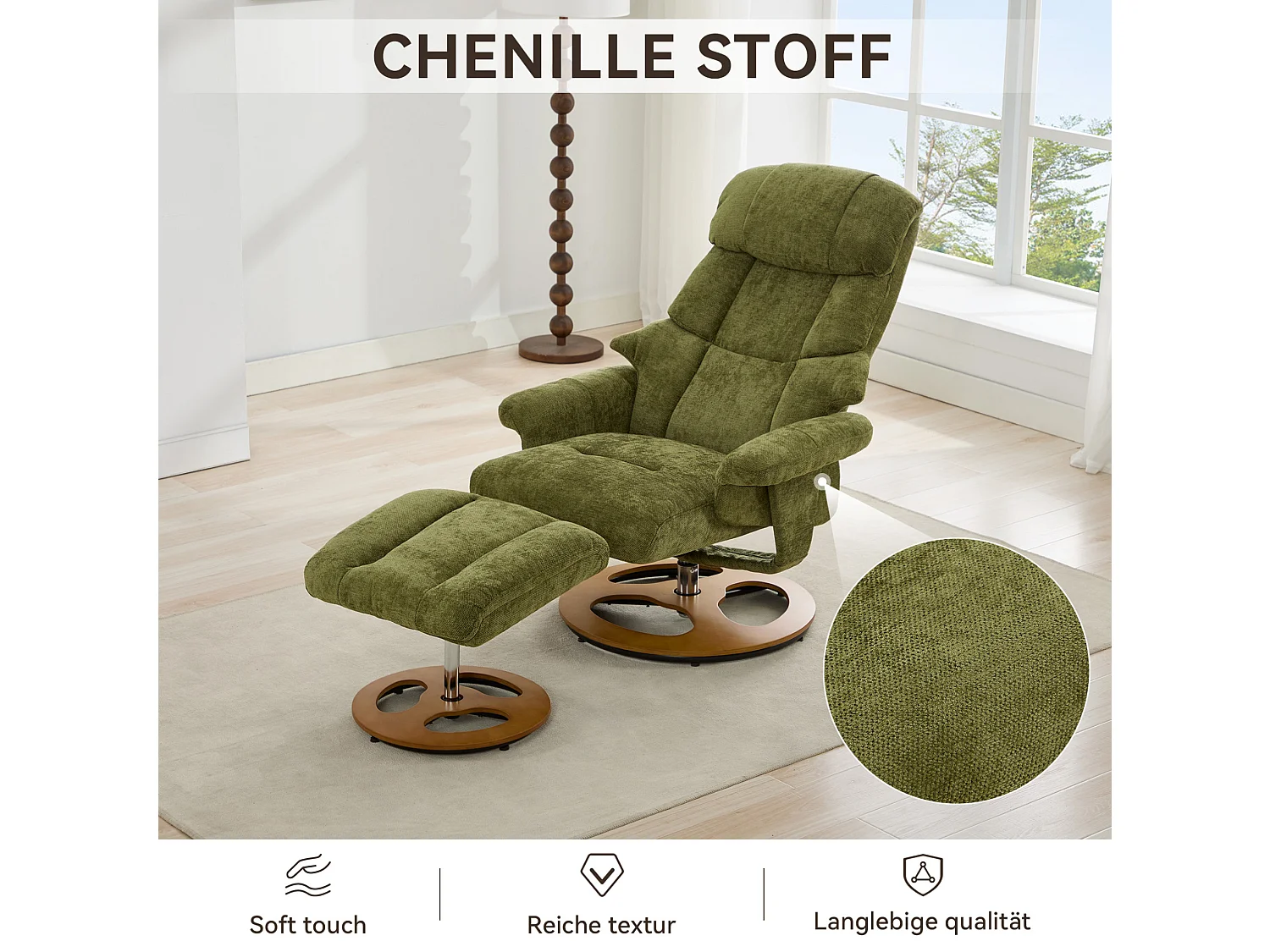 Sillón reclinable giratorio de tela con calefacción, masaje y reposapiés - Verde