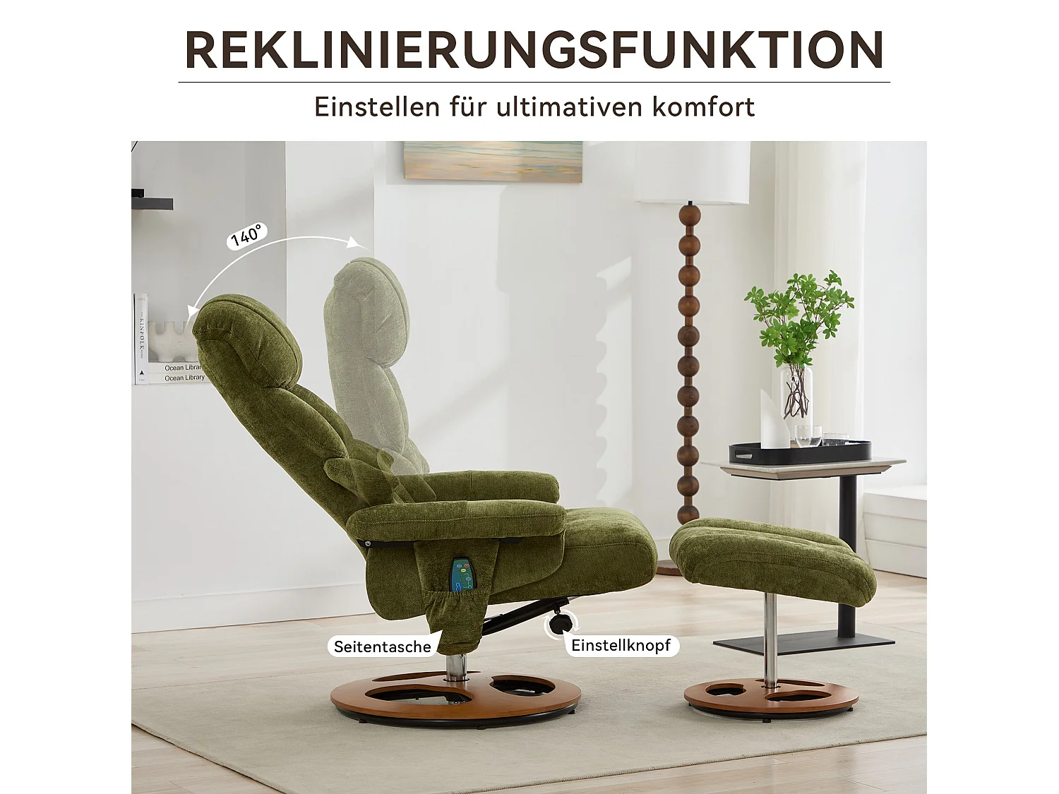 Sillón reclinable giratorio de tela con calefacción, masaje y reposapiés - Verde