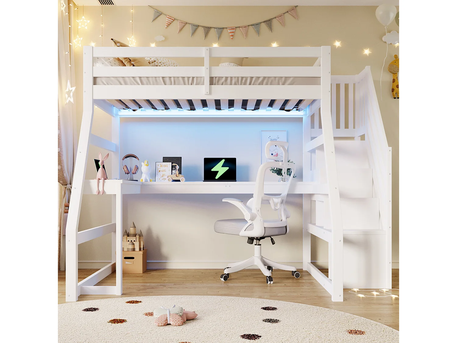 Lit mezzanine enfant 90x200 cm avec bureau, rangement, LED et USB - Boie en MDF blanc