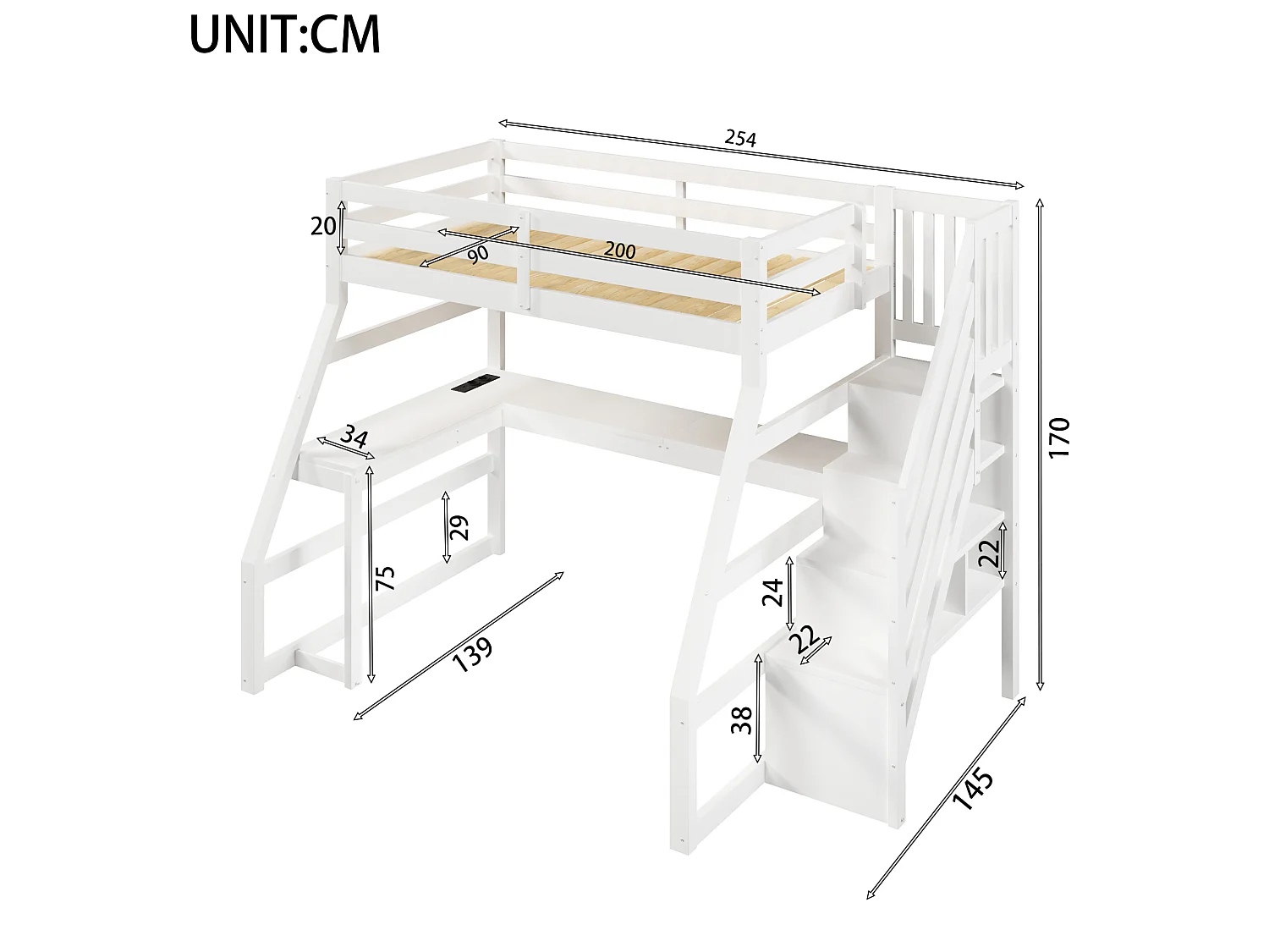 Lit mezzanine enfant 90x200 cm avec bureau, rangement, LED et USB - Boie en MDF blanc