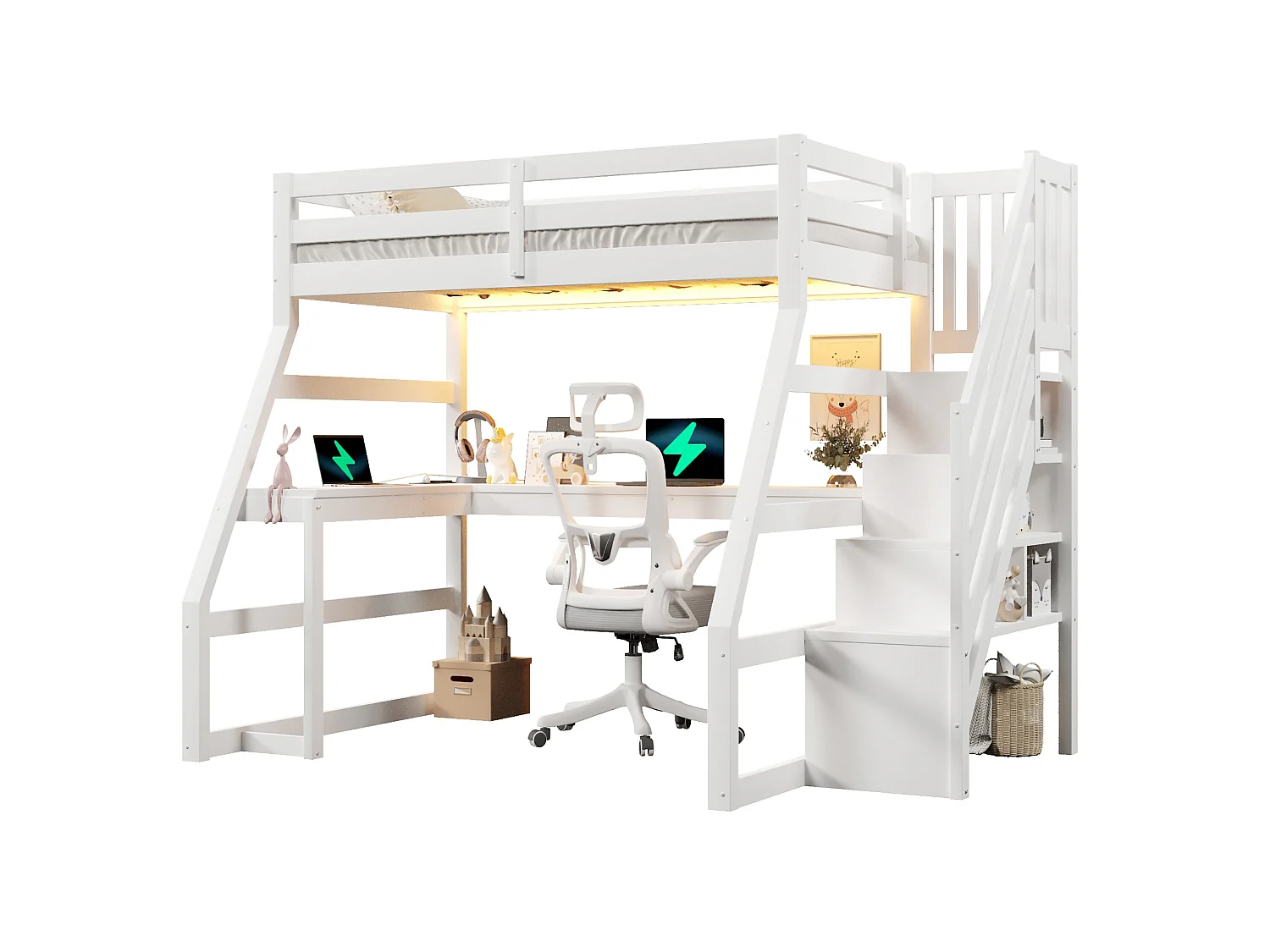 Lit mezzanine enfant 90x200 cm avec bureau, rangement, LED et USB - Boie en MDF blanc