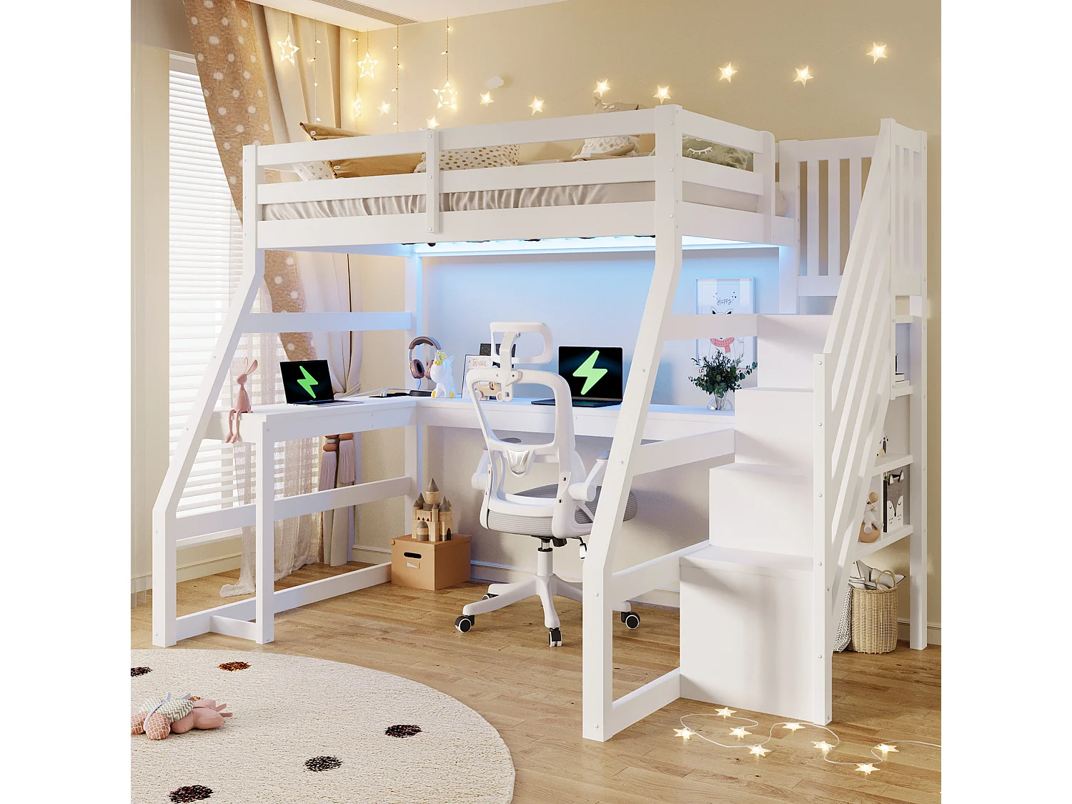 Lit mezzanine enfant 90x200 cm avec bureau, rangement, LED et USB - Boie en MDF blanc