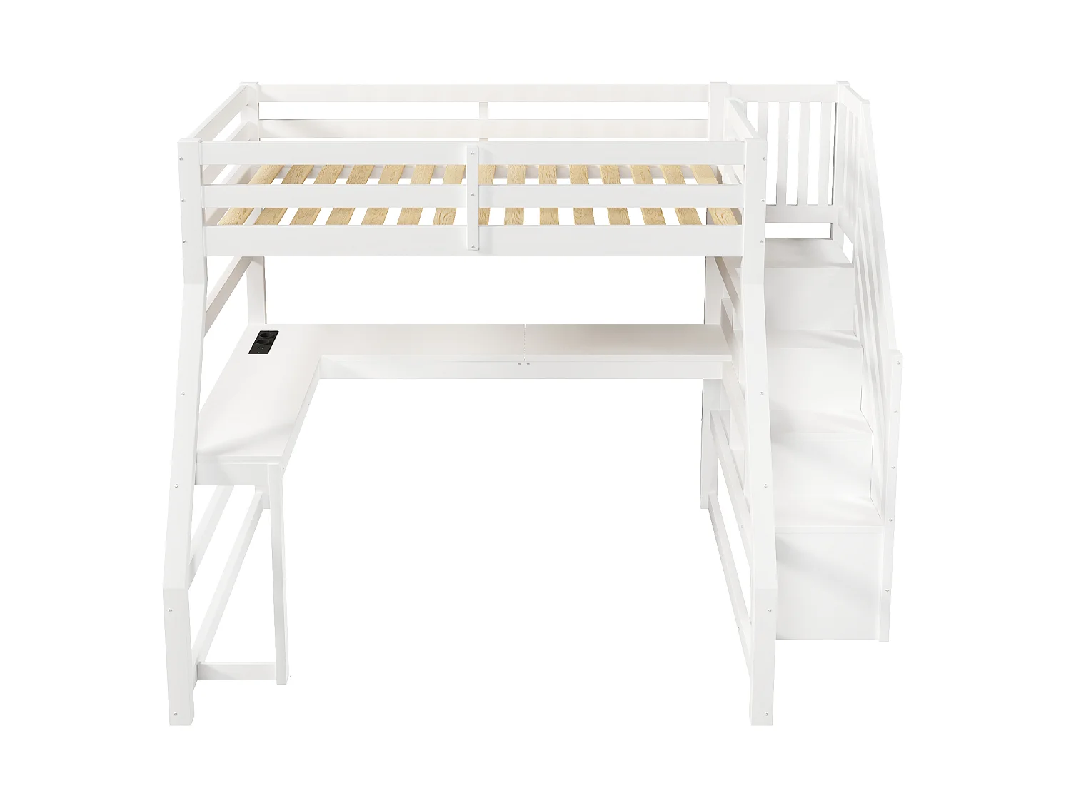 Lit mezzanine enfant 90x200 cm avec bureau, rangement, LED et USB - Boie en MDF blanc