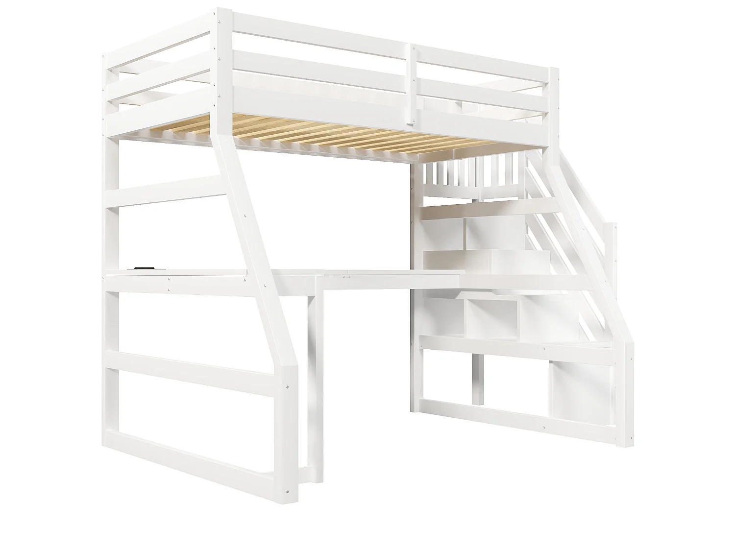 Lit mezzanine enfant 90x200 cm avec bureau, rangement, LED et USB - Boie en MDF blanc