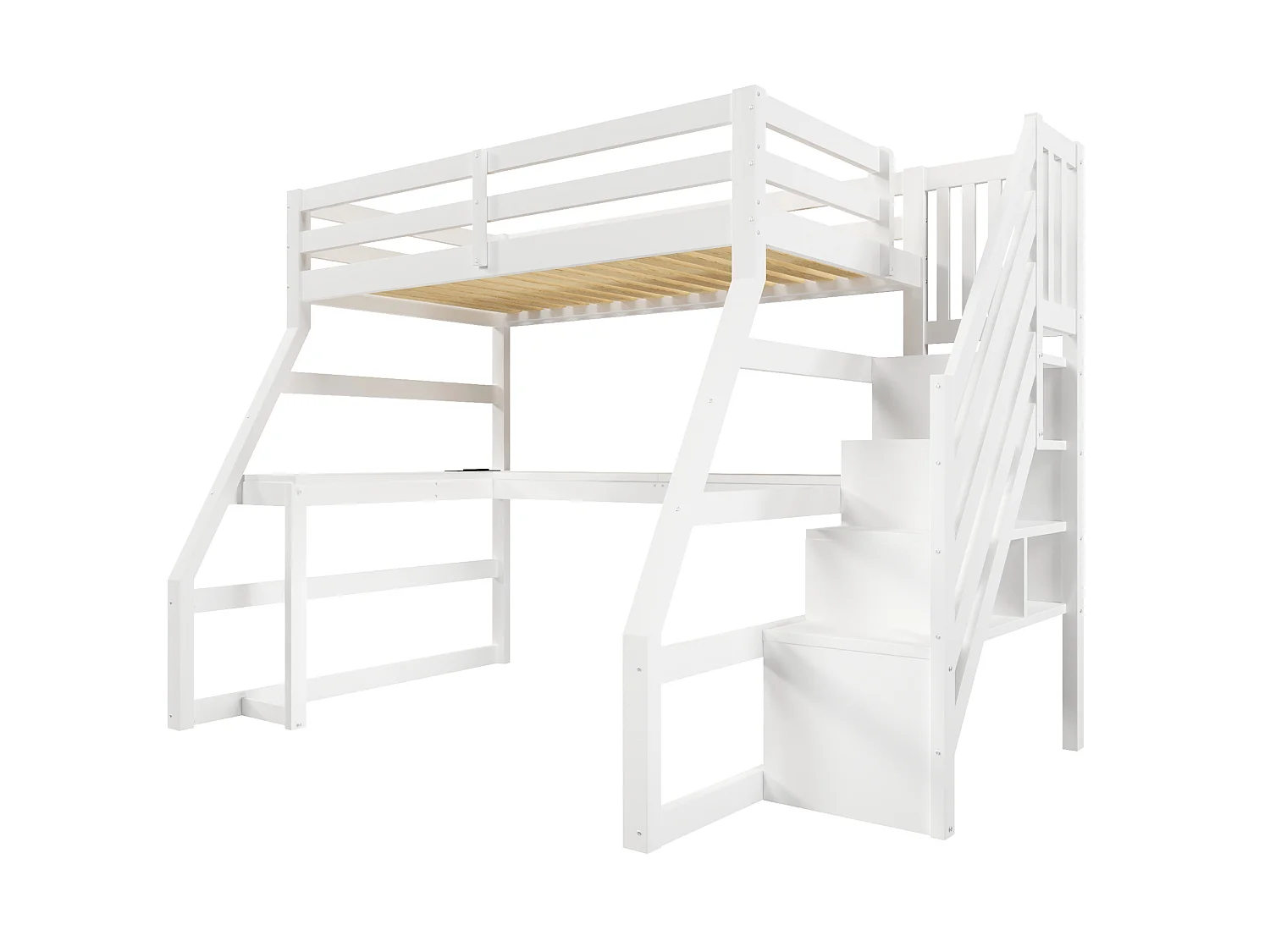 Lit mezzanine enfant 90x200 cm avec bureau, rangement, LED et USB - Boie en MDF blanc