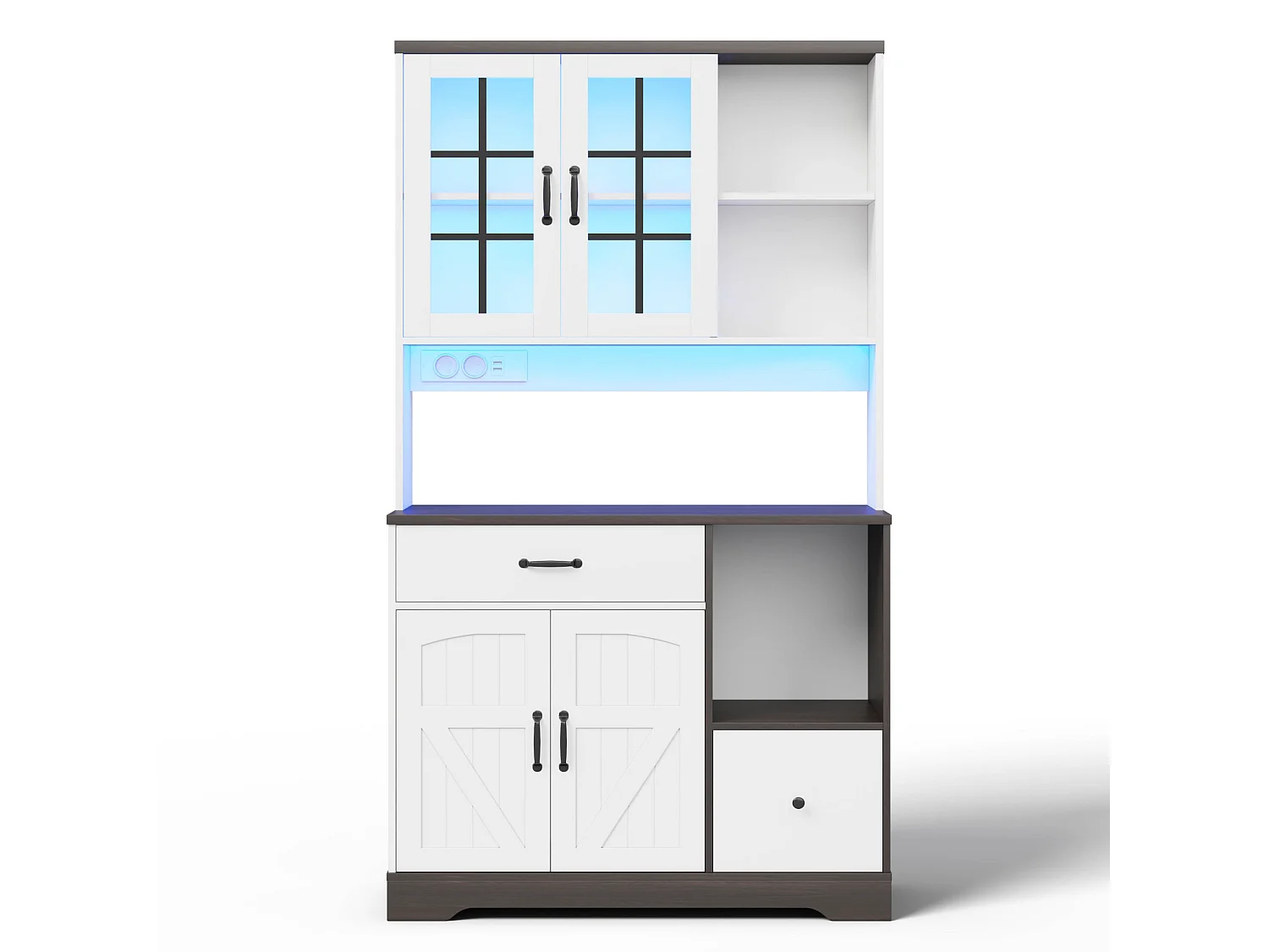 Keukendressoir met ledverlichting, stopcontacten, 2 lades en 4 deuren - Wit en donker hout
