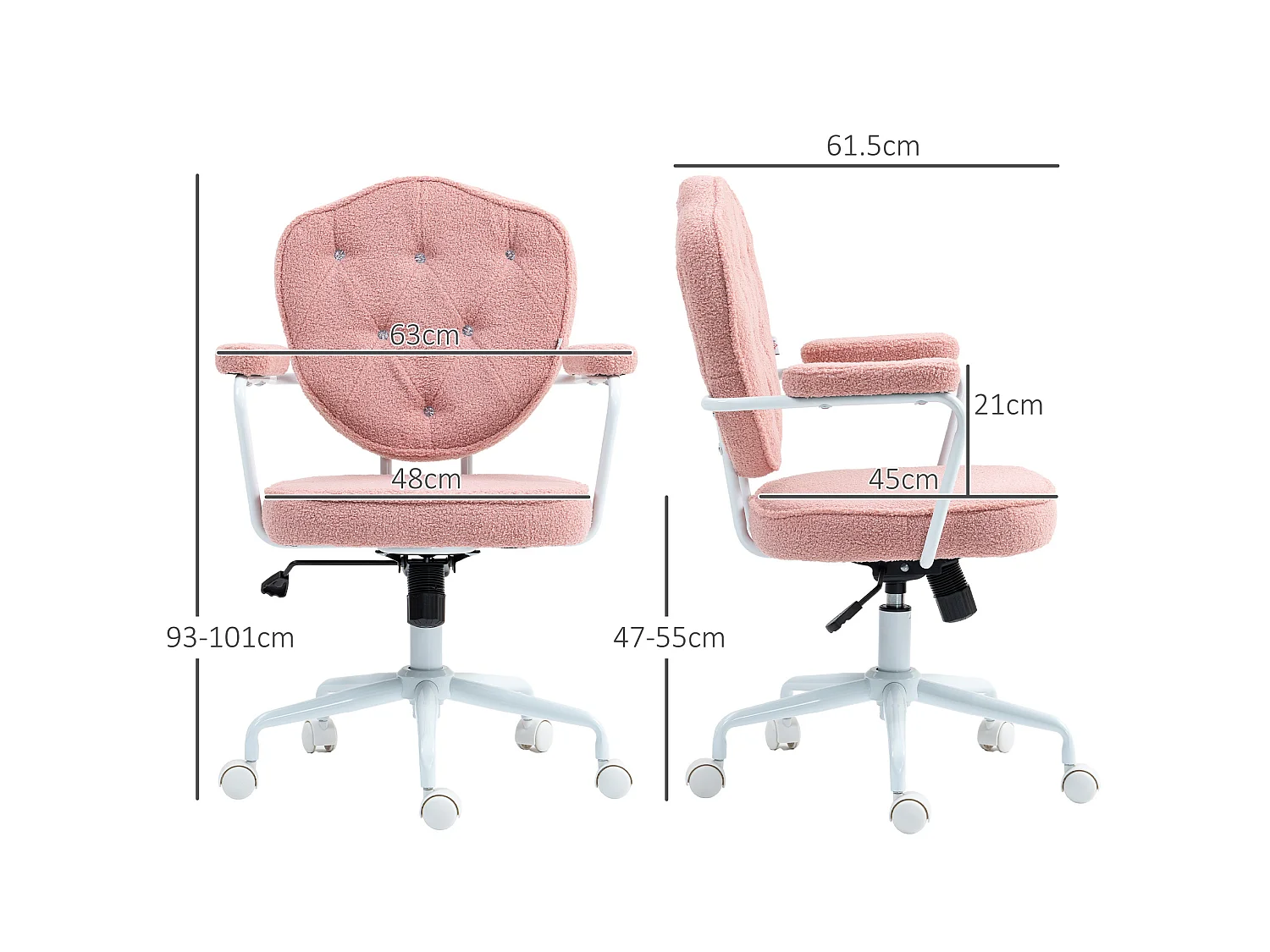 Chaise de bureau pivotante en tissu avec hauteur réglable - Rose