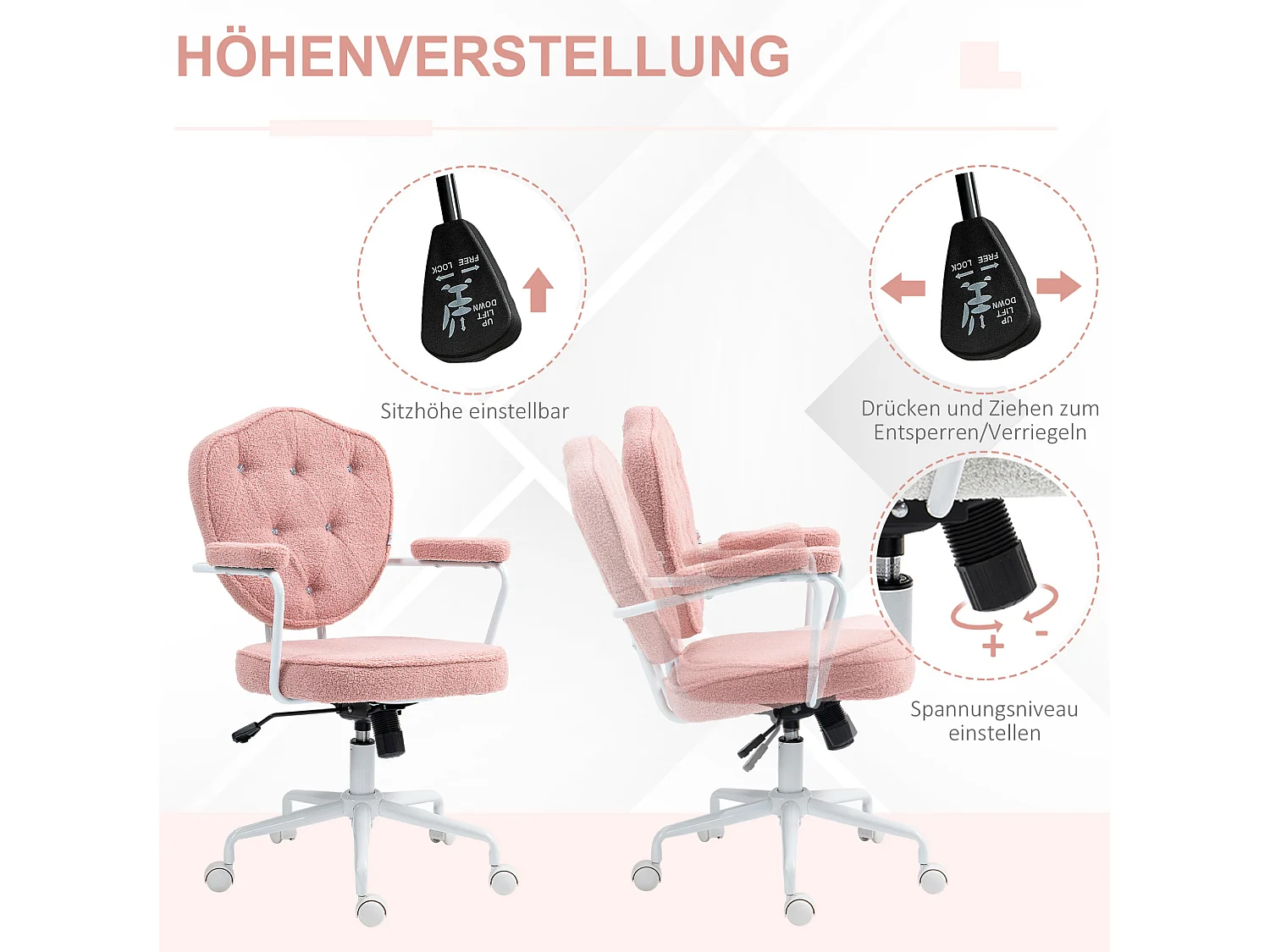 Chaise de bureau pivotante en tissu avec hauteur réglable - Rose