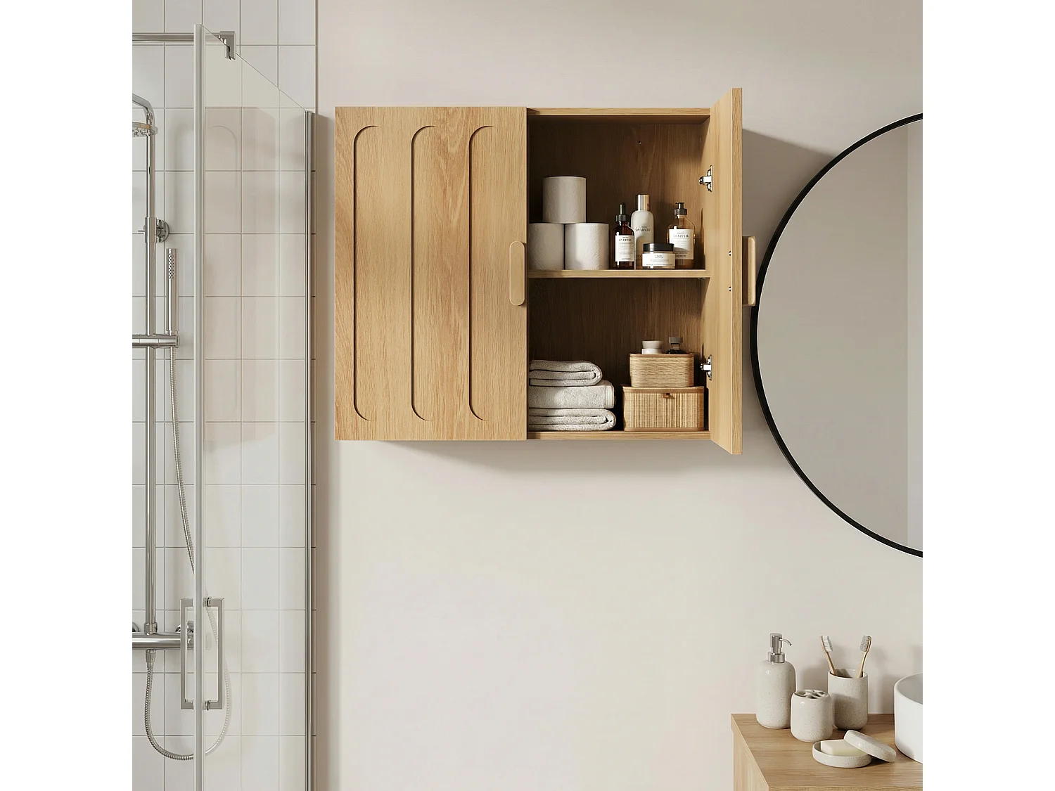 Mobiletto da bagno a parete con 2 ante - Finitura naturale chiara