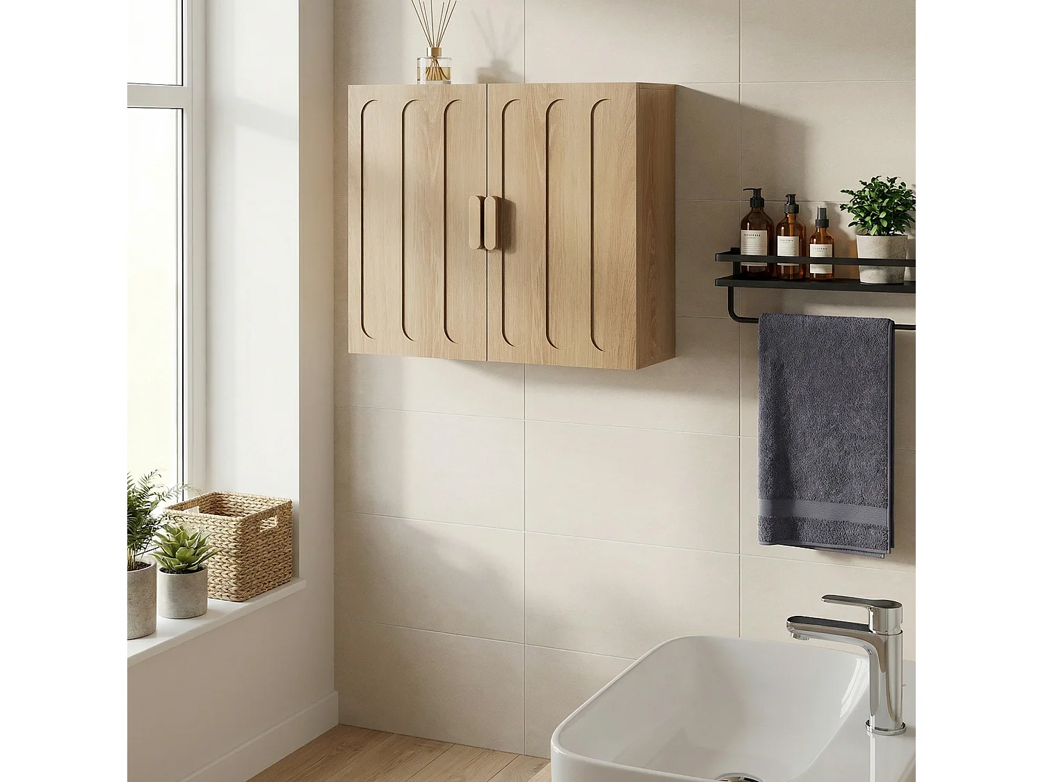 Mobiletto da bagno a parete con 2 ante - Finitura naturale chiara