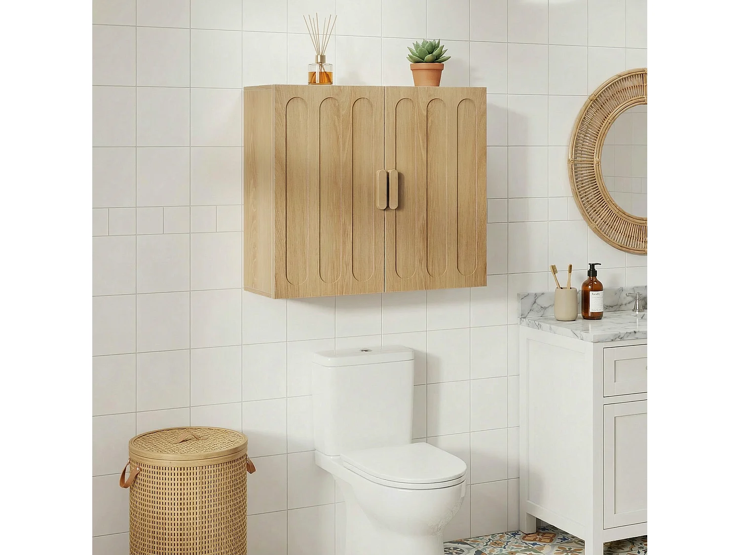Mobiletto da bagno a parete con 2 ante - Finitura naturale chiara