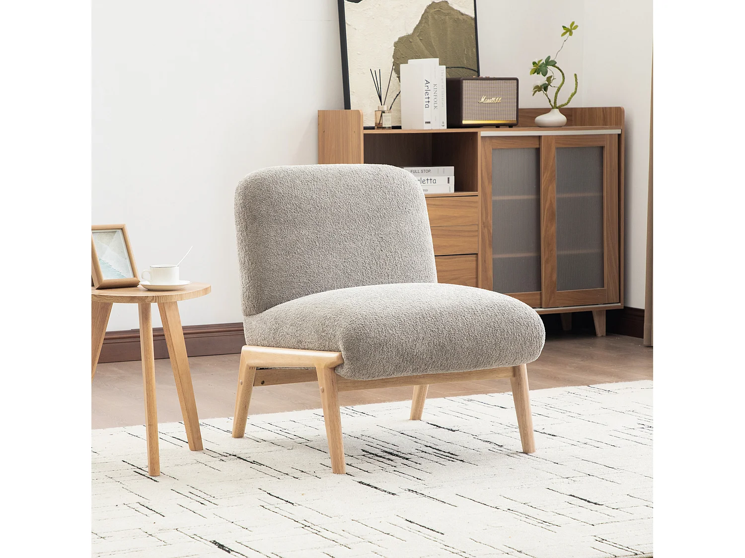 Poltrona 74x61,5x76 cm in ciniglia grigia con gambe in legno - Senza braccioli