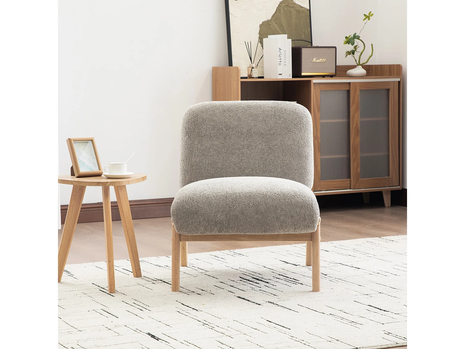 Poltrona 74x61,5x76 cm in ciniglia grigia con gambe in legno - Senza braccioli