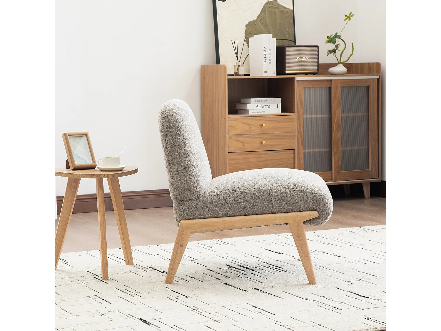 Poltrona 74x61,5x76 cm in ciniglia grigia con gambe in legno - Senza braccioli