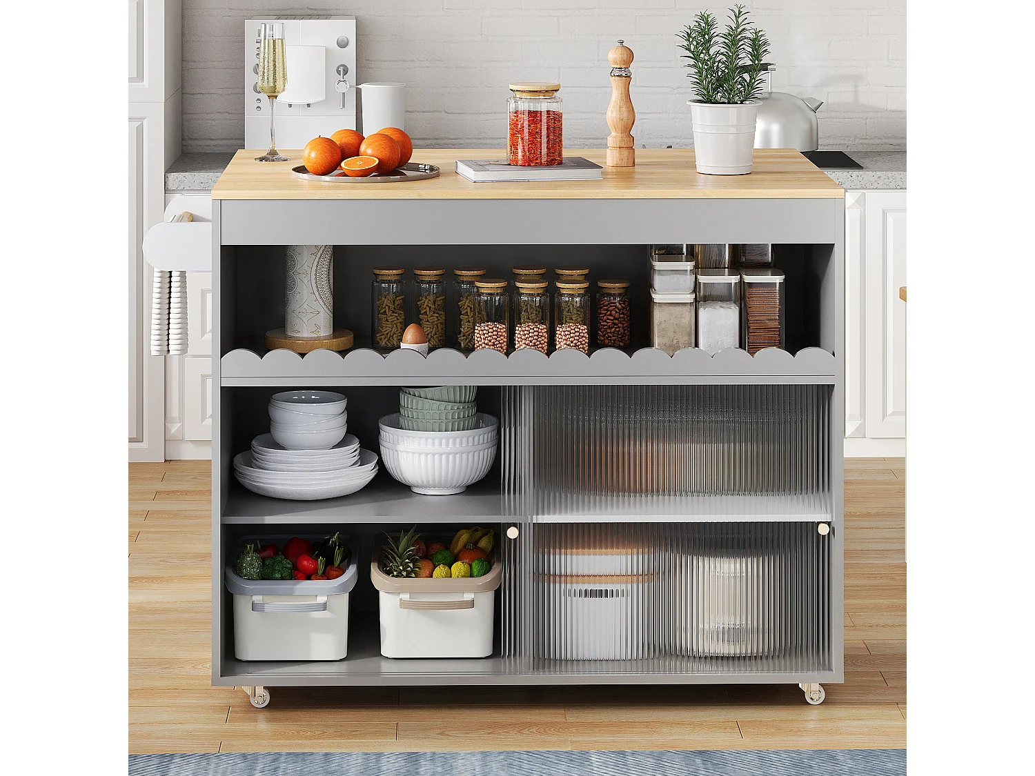 Isola cucina su ruote, 122 x 46(69) cm, con ante scorrevoli - Grigio e legno