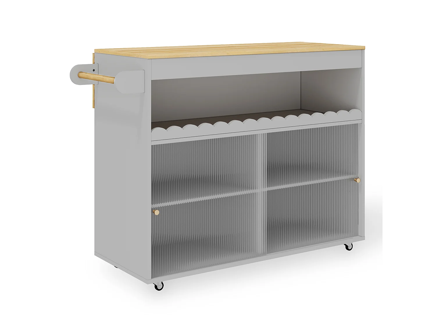 Isola cucina su ruote, 122 x 46(69) cm, con ante scorrevoli - Grigio e legno