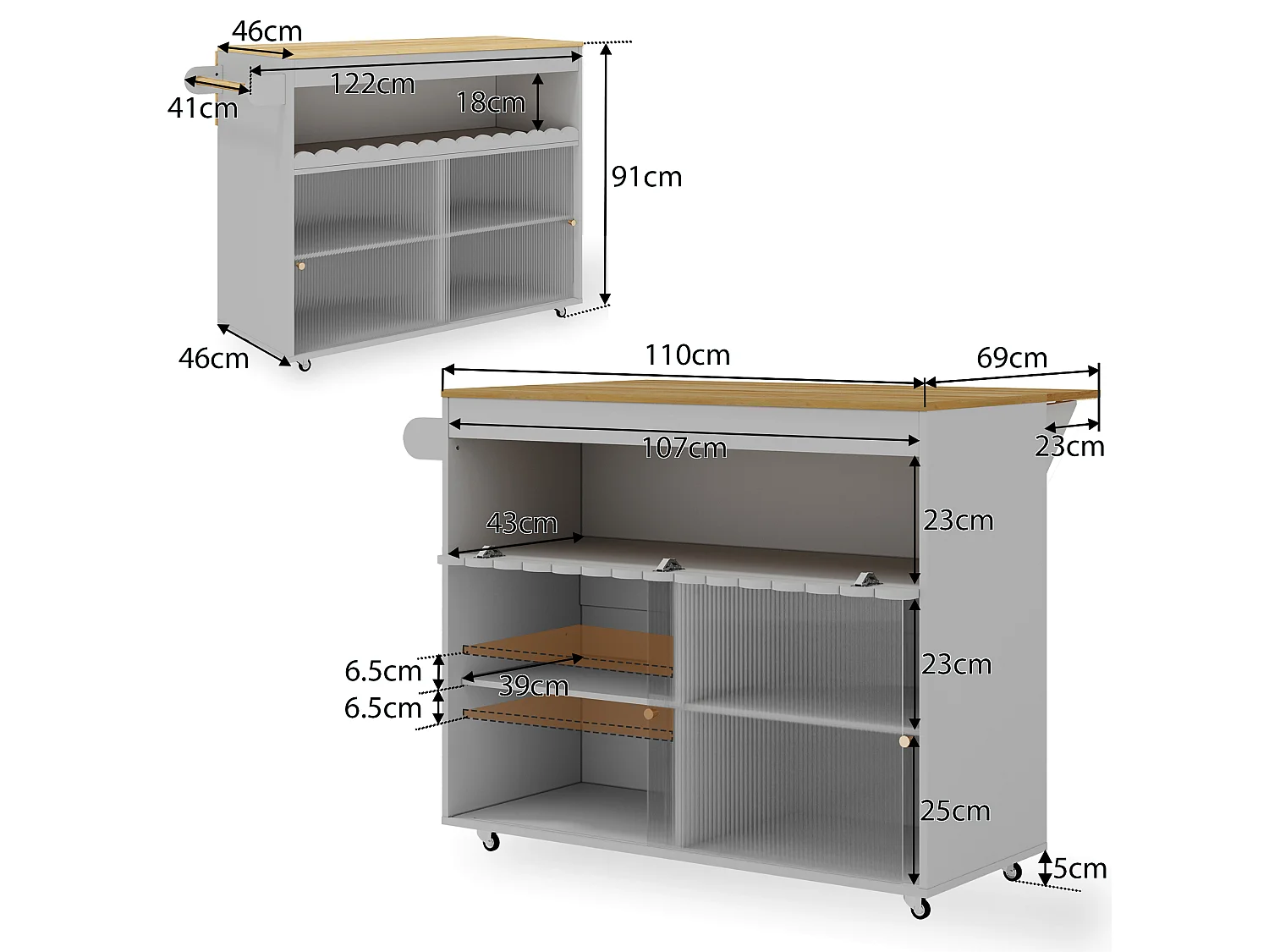Isola cucina su ruote, 122 x 46(69) cm, con ante scorrevoli - Grigio e legno