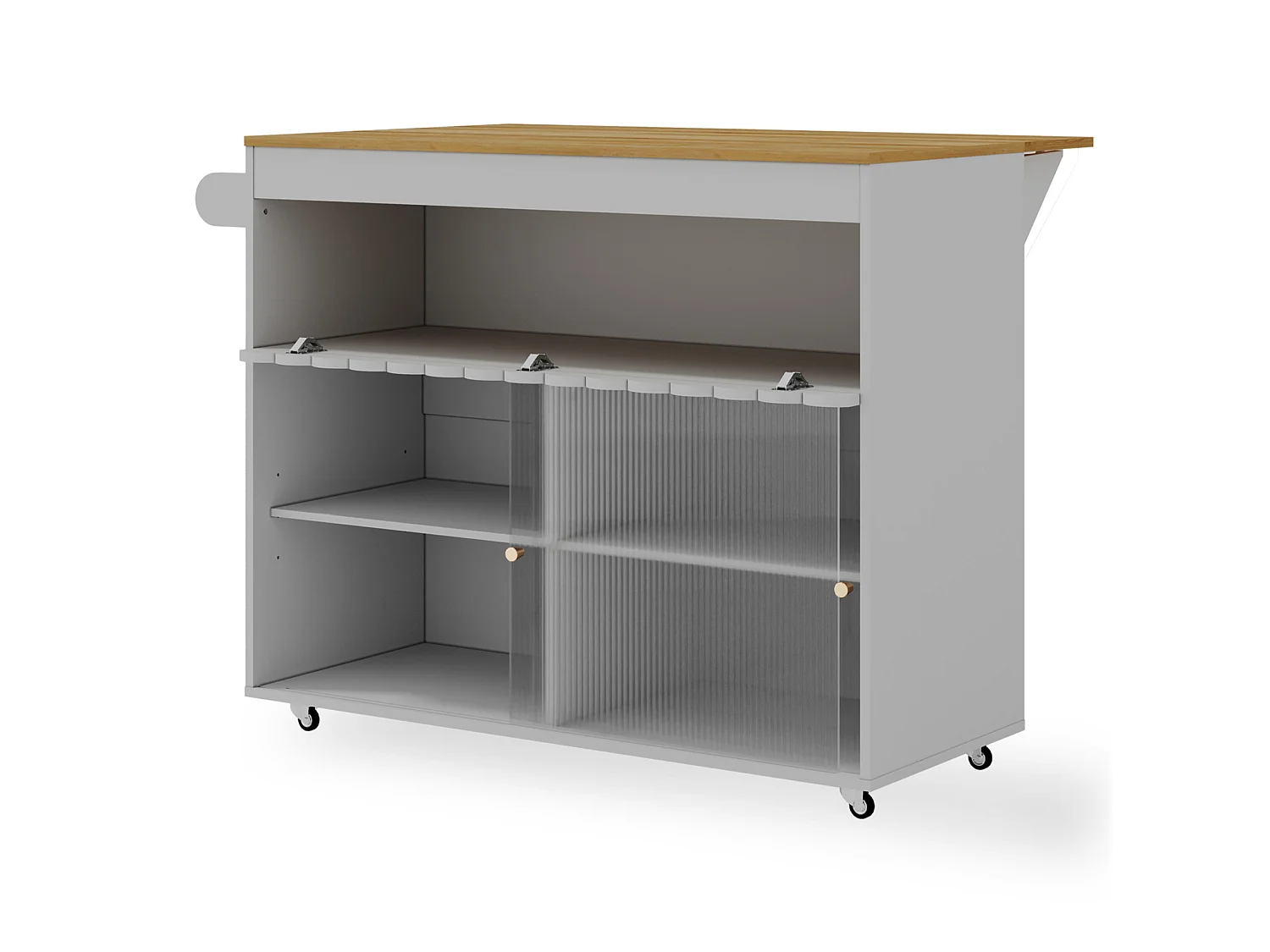 Isola cucina su ruote, 122 x 46(69) cm, con ante scorrevoli - Grigio e legno