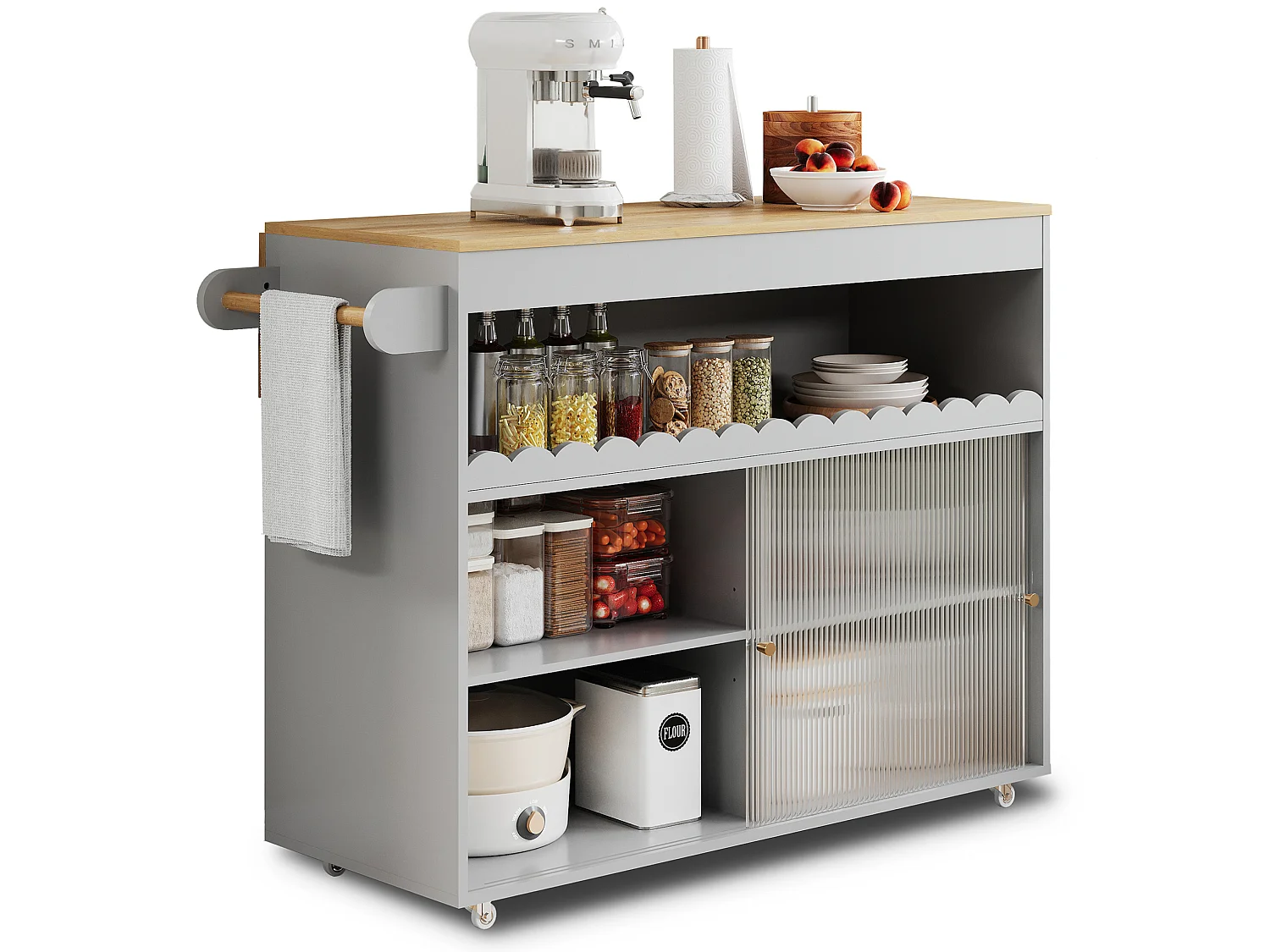Isola cucina su ruote, 122 x 46(69) cm, con ante scorrevoli - Grigio e legno