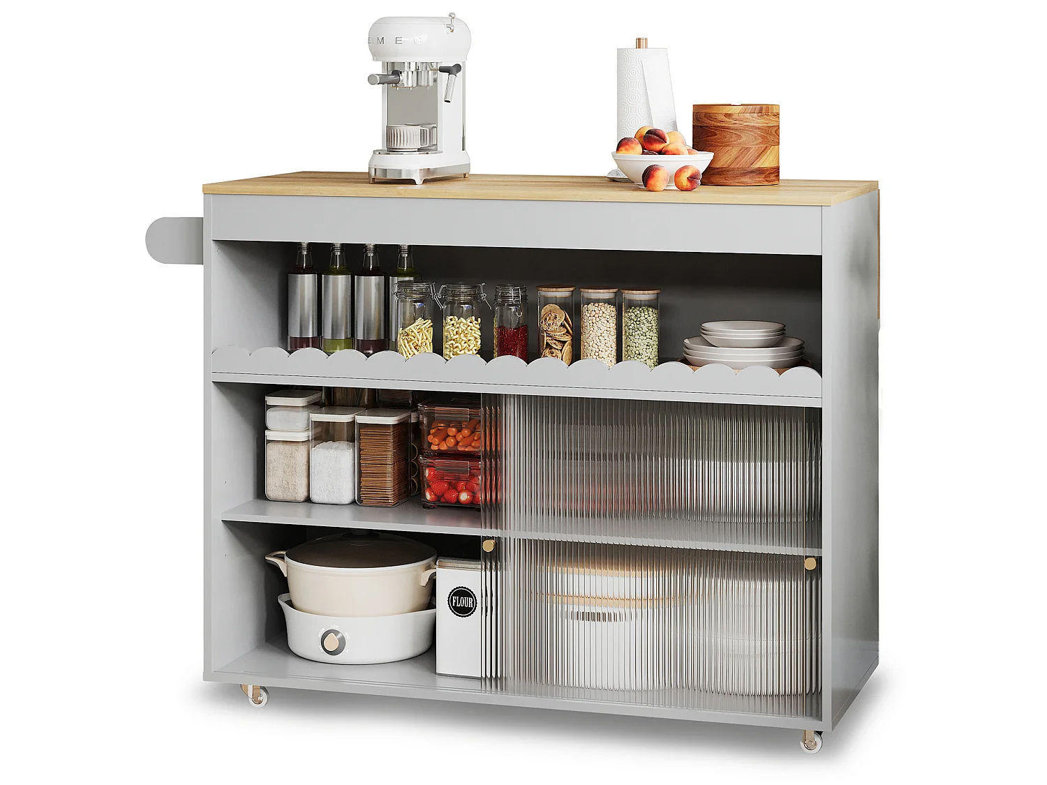 Isola cucina su ruote, 122 x 46(69) cm, con ante scorrevoli - Grigio e legno