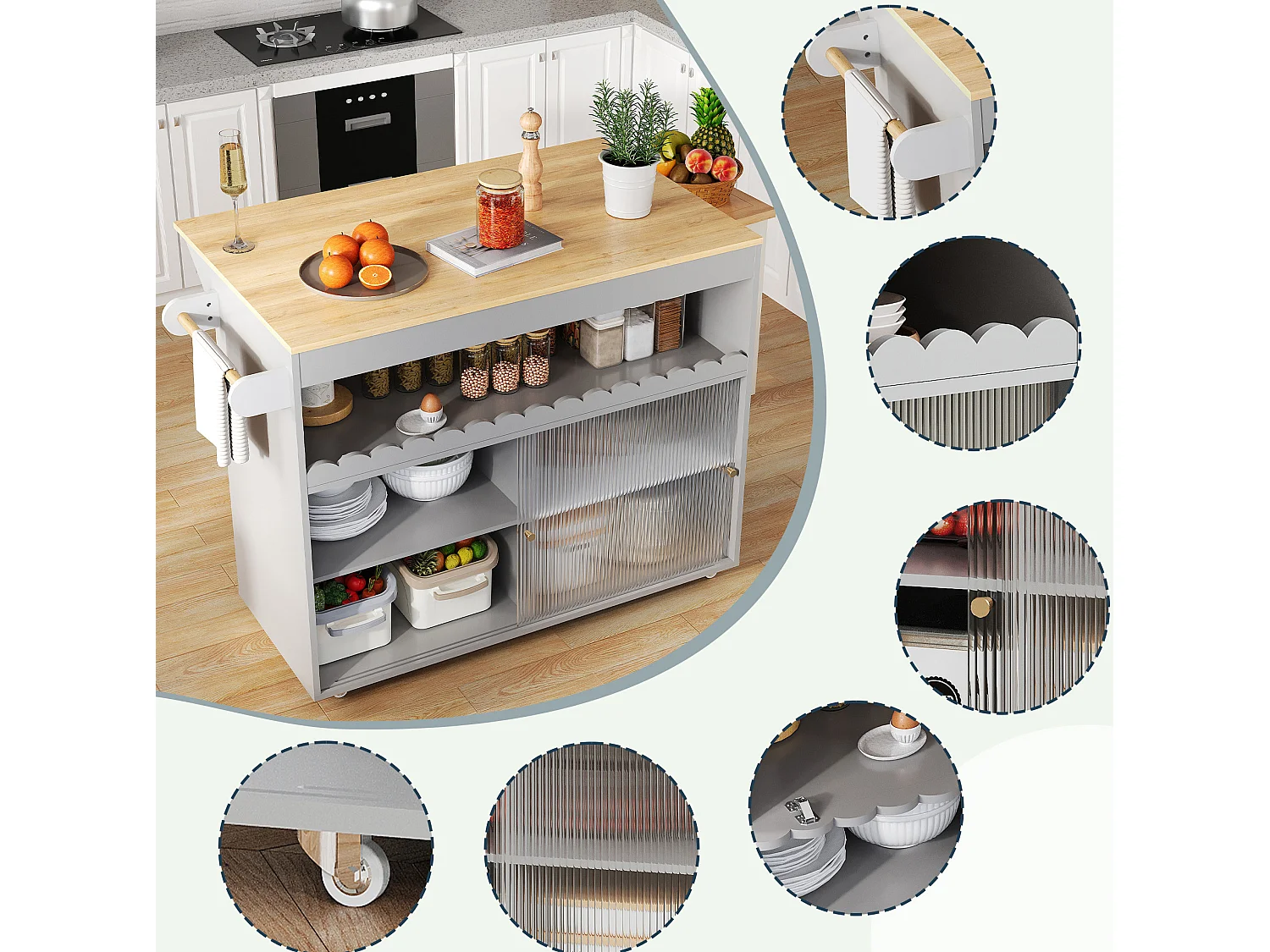 Isola cucina su ruote, 122 x 46(69) cm, con ante scorrevoli - Grigio e legno