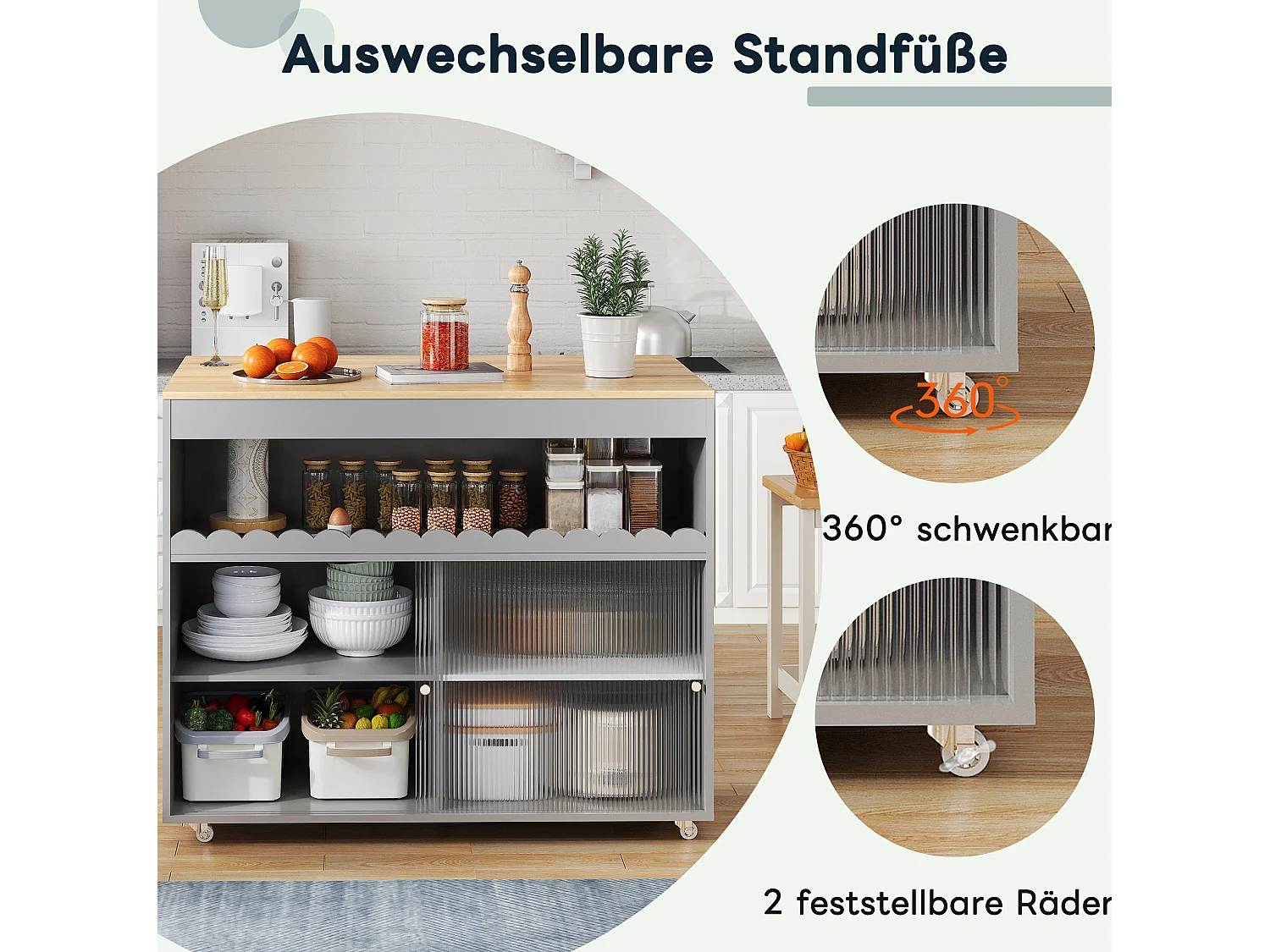 Isola cucina su ruote, 122 x 46(69) cm, con ante scorrevoli - Grigio e legno