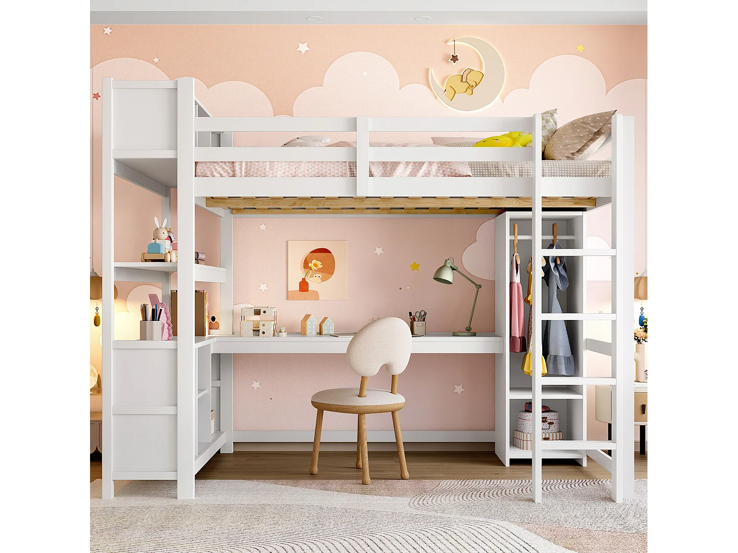 Lit mezzanine 140x200 cm avec bureau, étagères et armoire - Blanc