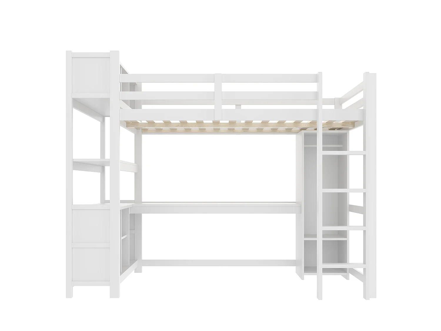 Lit mezzanine 140x200 cm avec bureau, étagères et armoire - Blanc