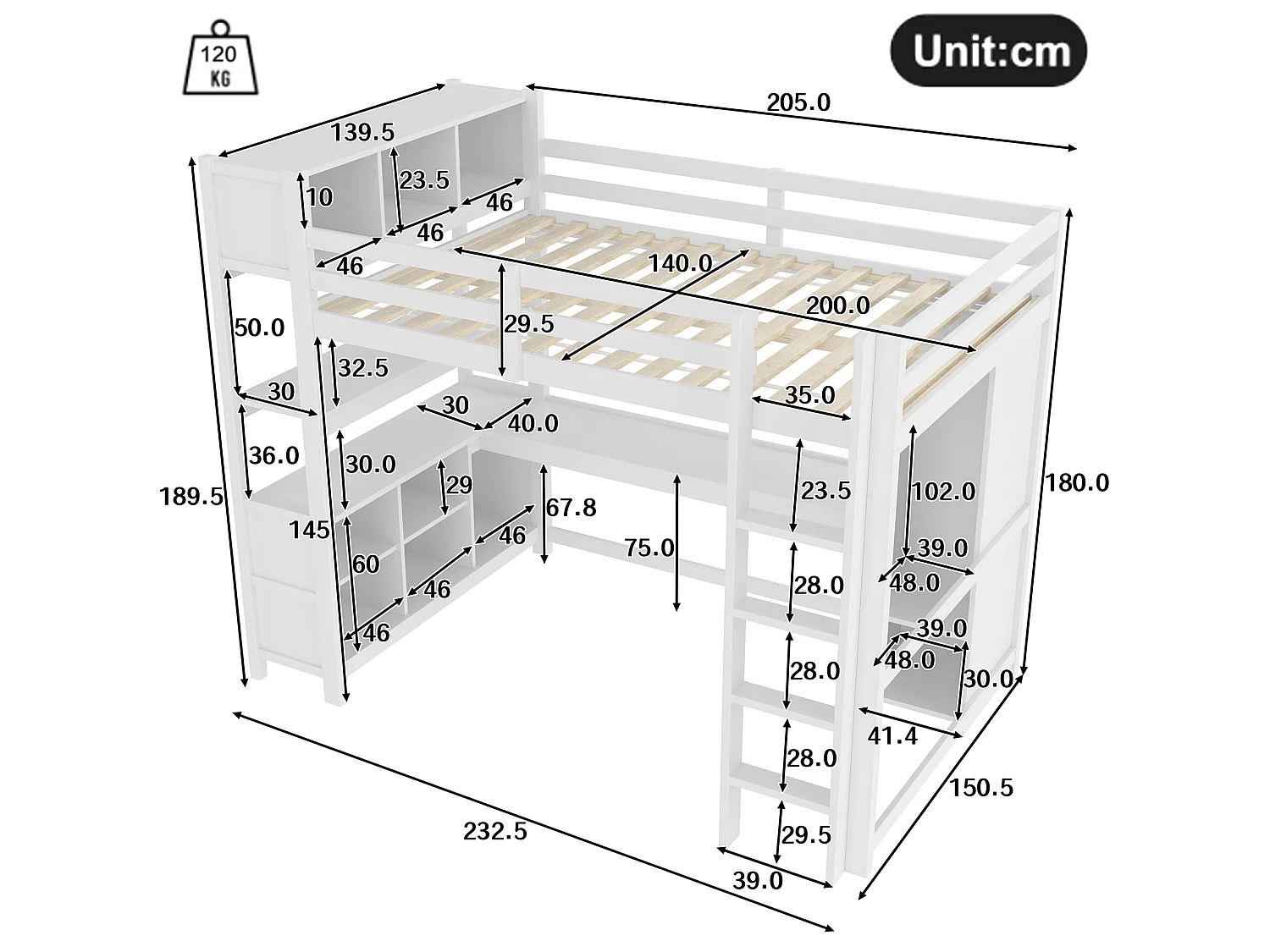 Lit mezzanine 140x200 cm avec bureau, étagères et armoire - Blanc