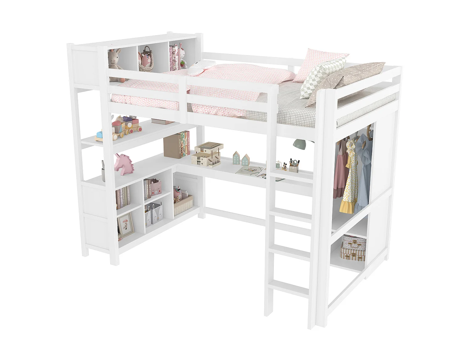 Lit mezzanine 140x200 cm avec bureau, étagères et armoire - Blanc