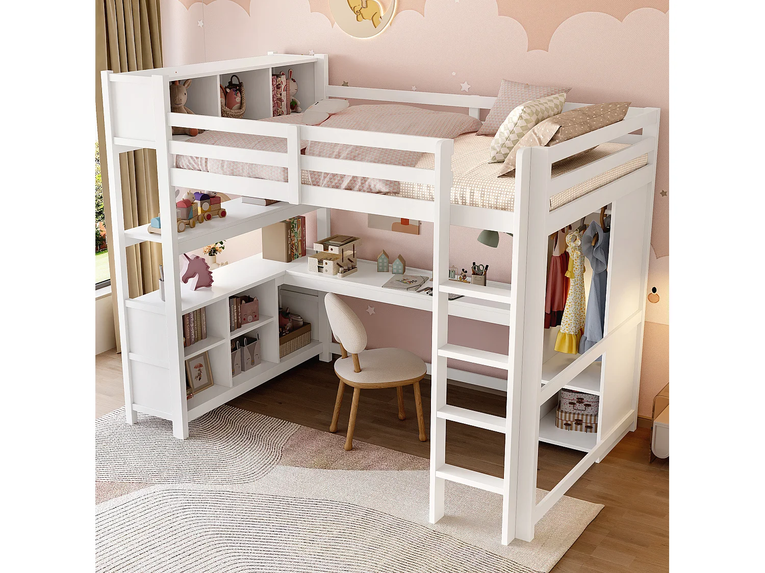 Lit mezzanine 140x200 cm avec bureau, étagères et armoire - Blanc